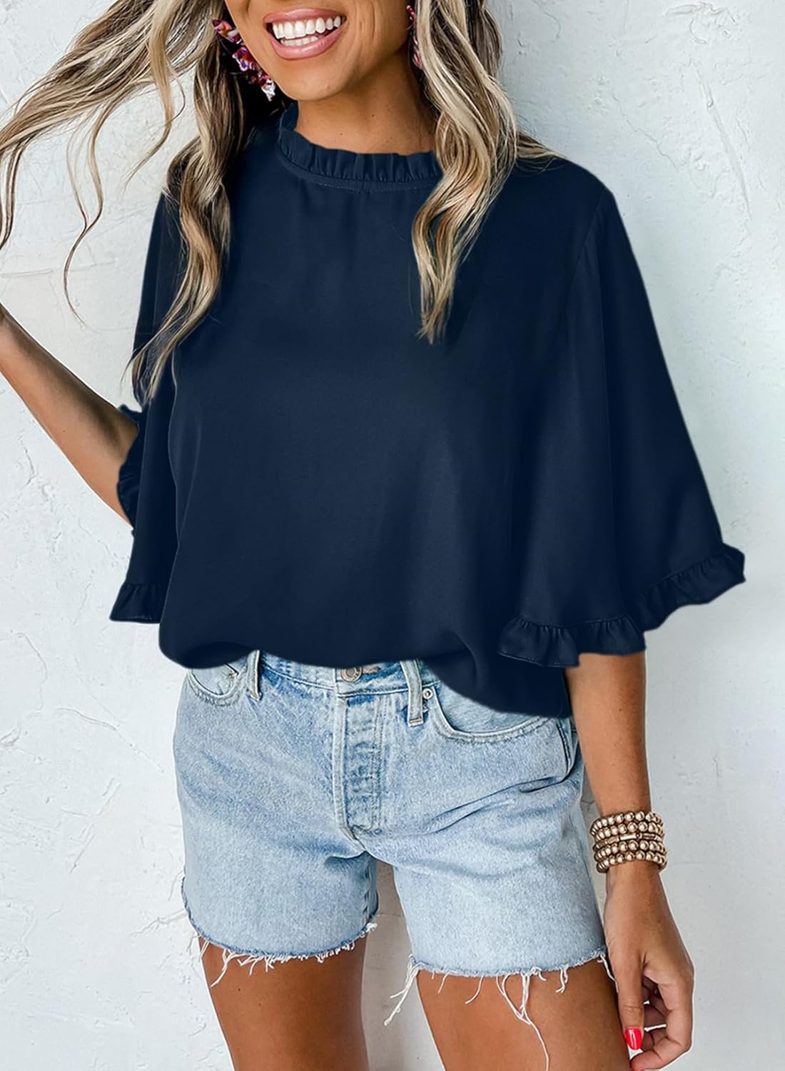 EVALESS Womens Half Sleeve Tops Cute Chiffon Blouses Summer Lightweight Ruffle Sleeeve Shirts Loose Fit Daily Wear 2026 - Image 2