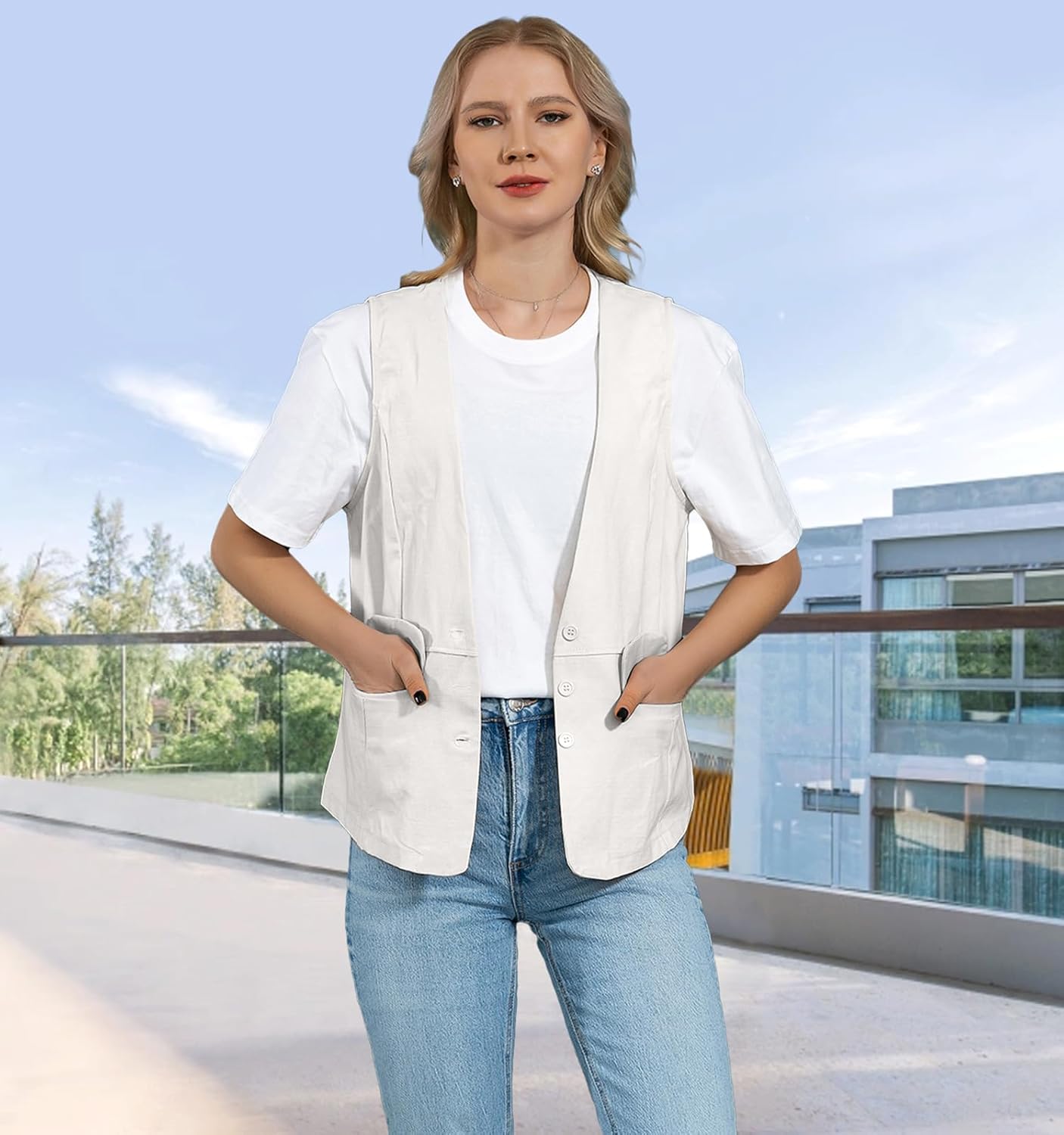 UATKIMI Womens Cotton Linen Vest Casual Loose V Neck Sleeveless Vests Jacket(White,M) - Image 7