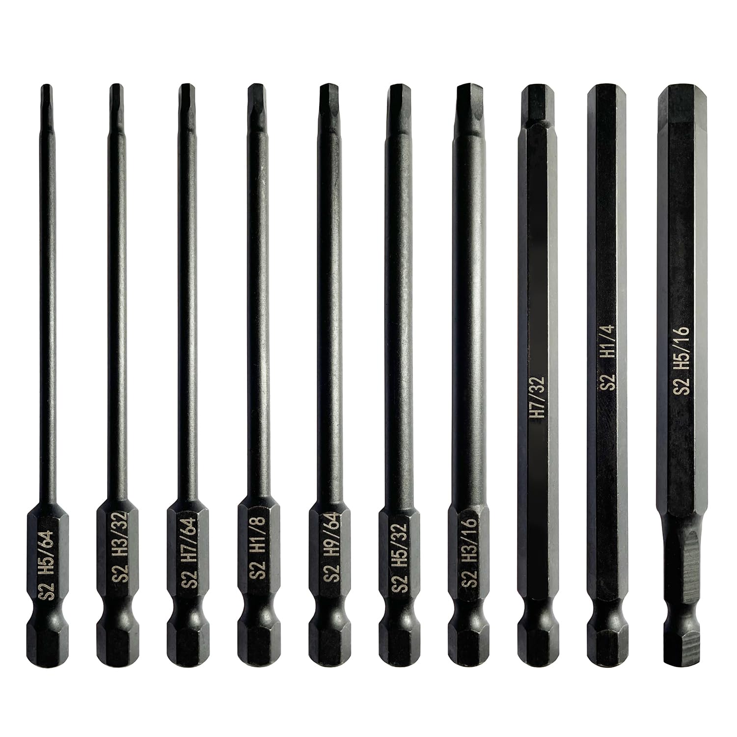 PTSLKHN Hex Shank Drill Bit Set, 10 Piece SAE Allen Wrench Bits, 4 Inch Length, S2 Alloy Steel, Magnetic (SAE)