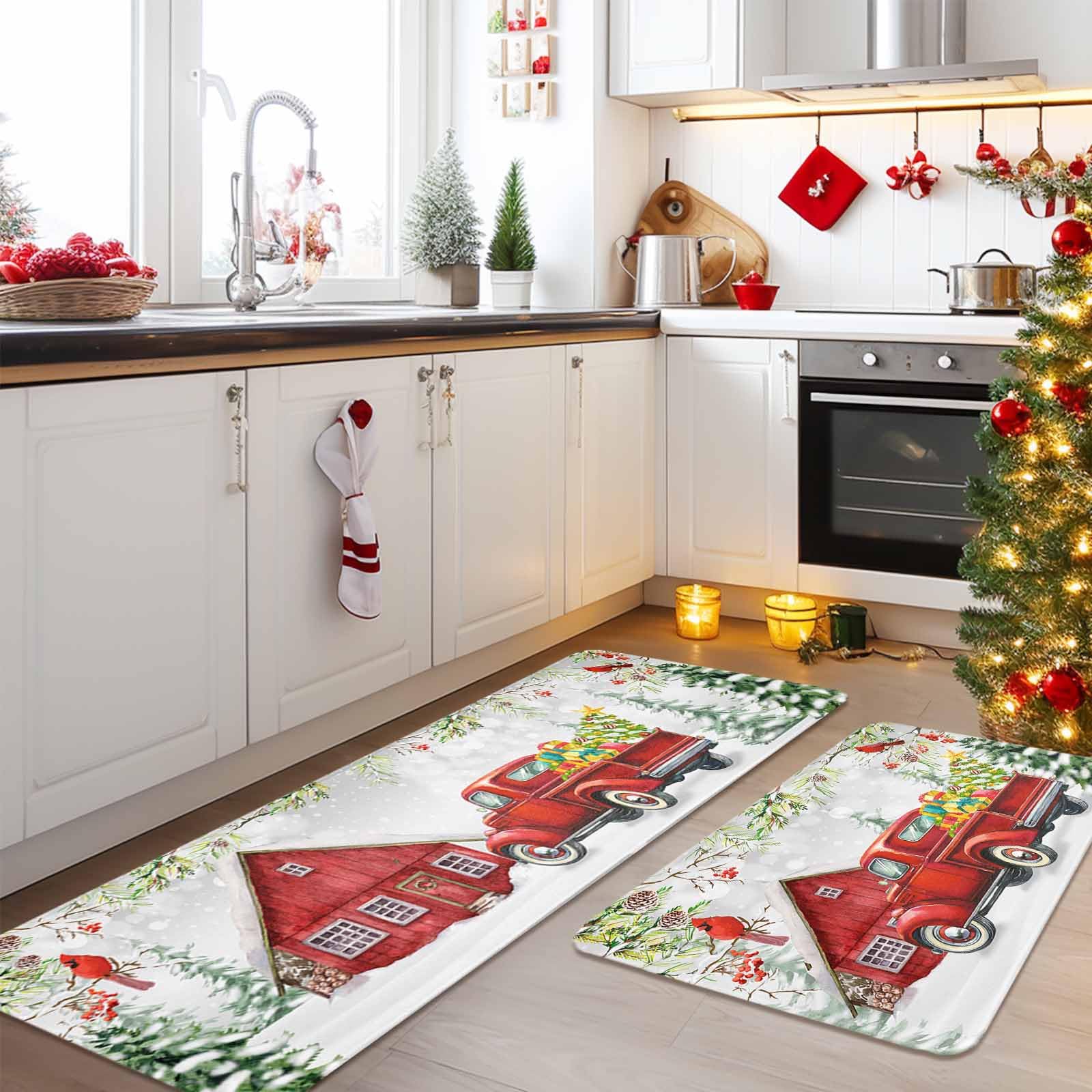 Merry Christmas Kitchen Rugs Sets 2 Piece Xmas Tree Floor Mats Red Truck Farm Barn Area Rugs Non-Slip Backing Doormat Cardinals Carpet Inside Door Mat Pad Sets-16
