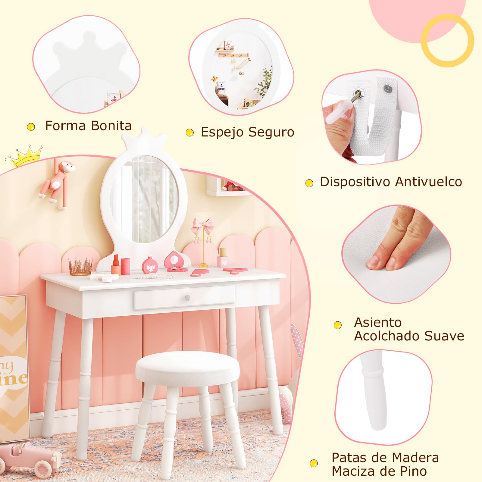 COSTWAY Tocador de Maquillaje con Taburete y Espejo para Niña, Escritorio Madera 2 en 1 con Cajón, Infantil +3 Años, 70x34x101 cm (Blanco)