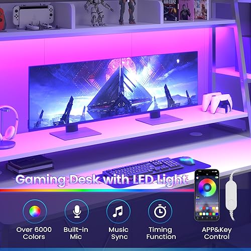 Miniatura 6 de SEDETA Escritorio Blanco para Juegos de 78.8 pulgadas con Luces LED, Hutch y Estantes de Almacenamiento, Escritorio para Computadora con Soporte