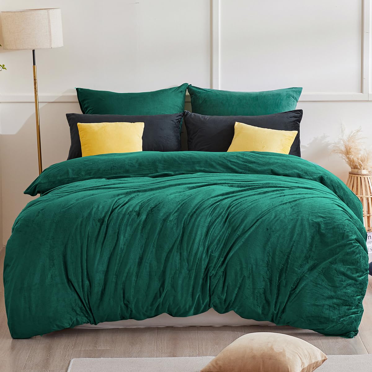 Beqnat Ropa de cama de franela de invierno de 135 x 200 cm, cálida y mullida, con tacto de cachemira, 1 funda nórdica y 1 funda de almohada de 80 x 80 cm con cremallera, color verde oscuro
