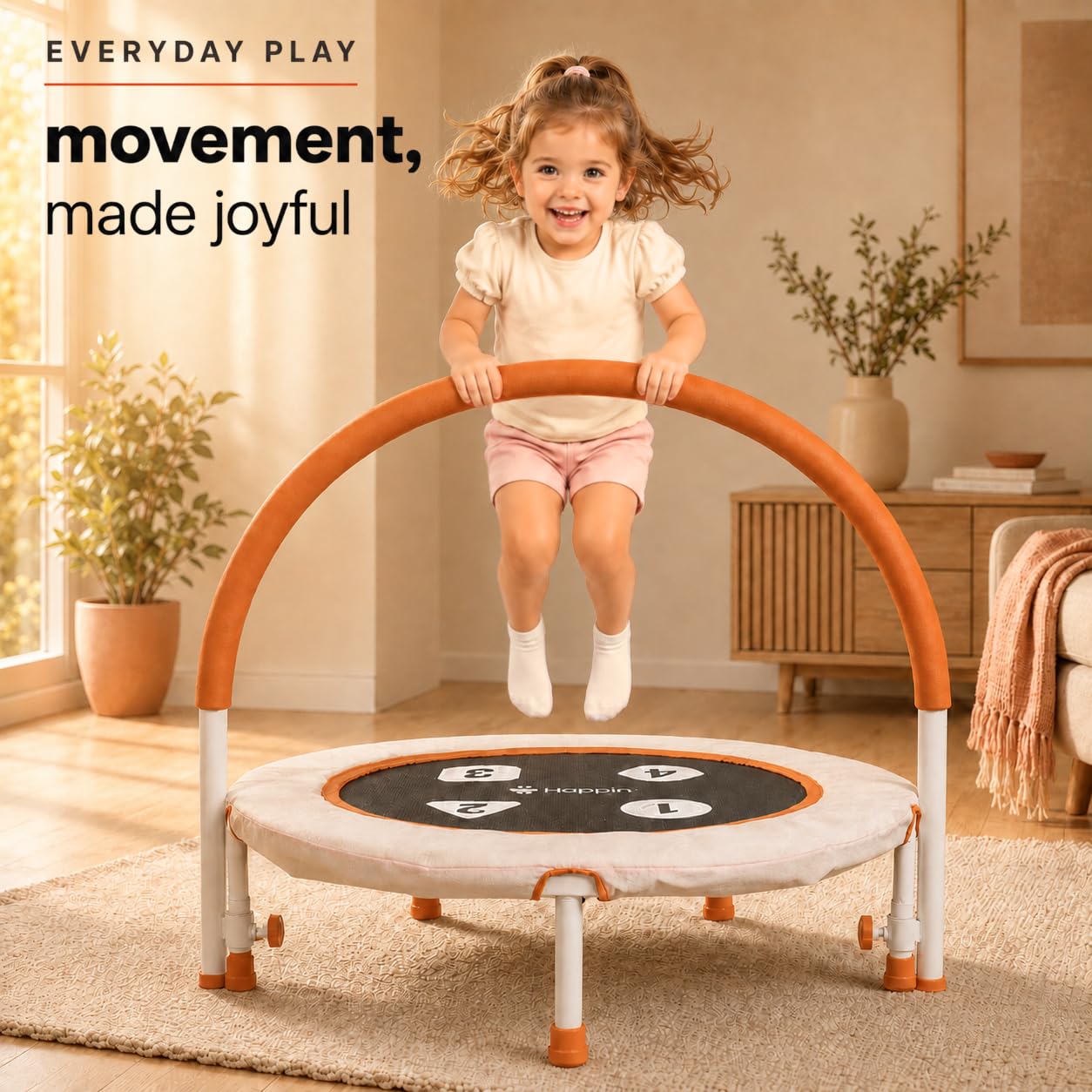 Happin Mini trampolino per bambini da 91,4 cm, per interni, pieghevole, per interni ed esterni, con imbottitura ultra sicura, manubrio regolabile in schiuma, silenzioso, per bambini dai 2 ai 6 anni