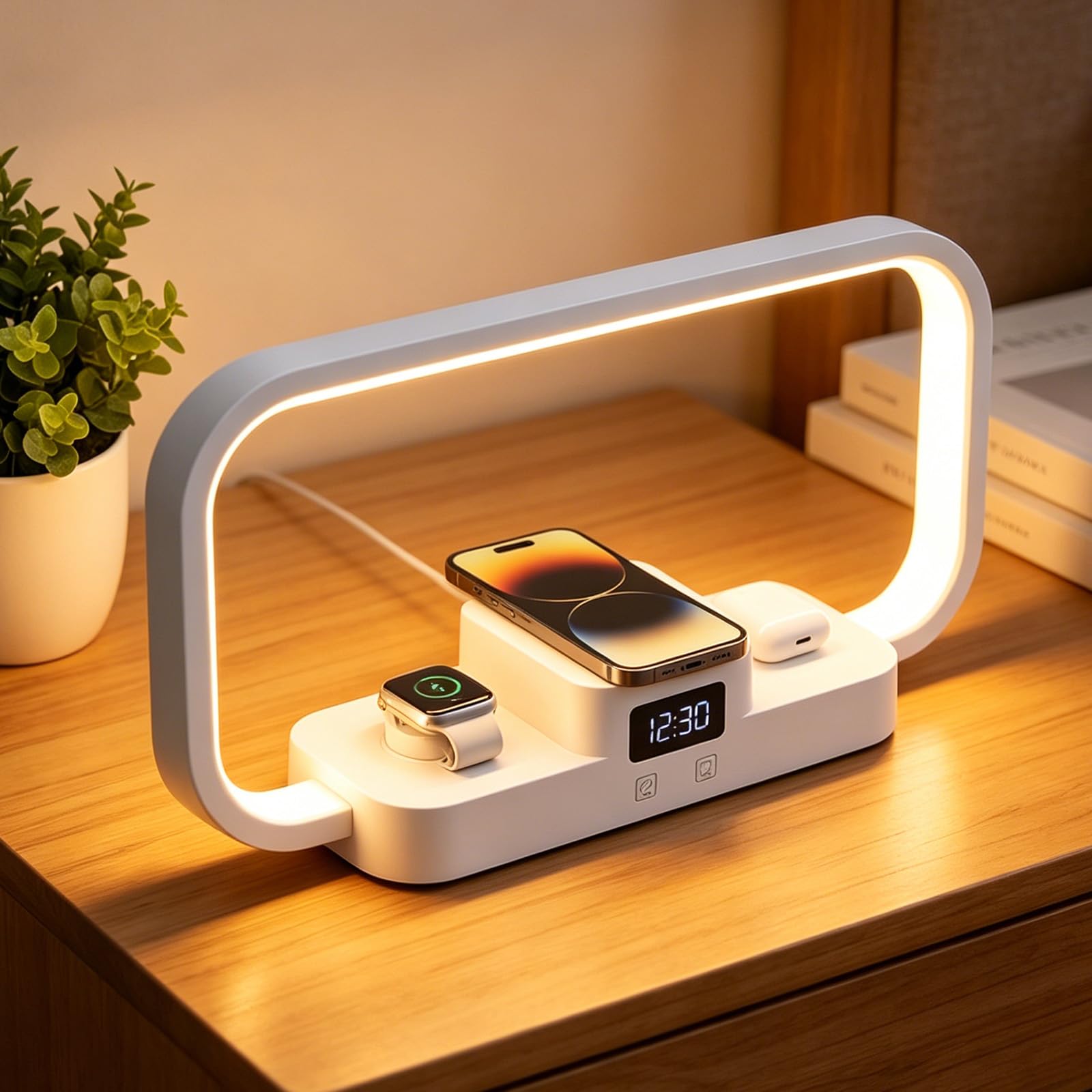 Spalivivre LED Bedside Lamp with Wireless Charger, 3-in-1 Touch Control Table Lamp with Clock, Nightstand Lamp for Bedroom, 5 Color Modes & Dimmable Desk Lamp for Nightstand