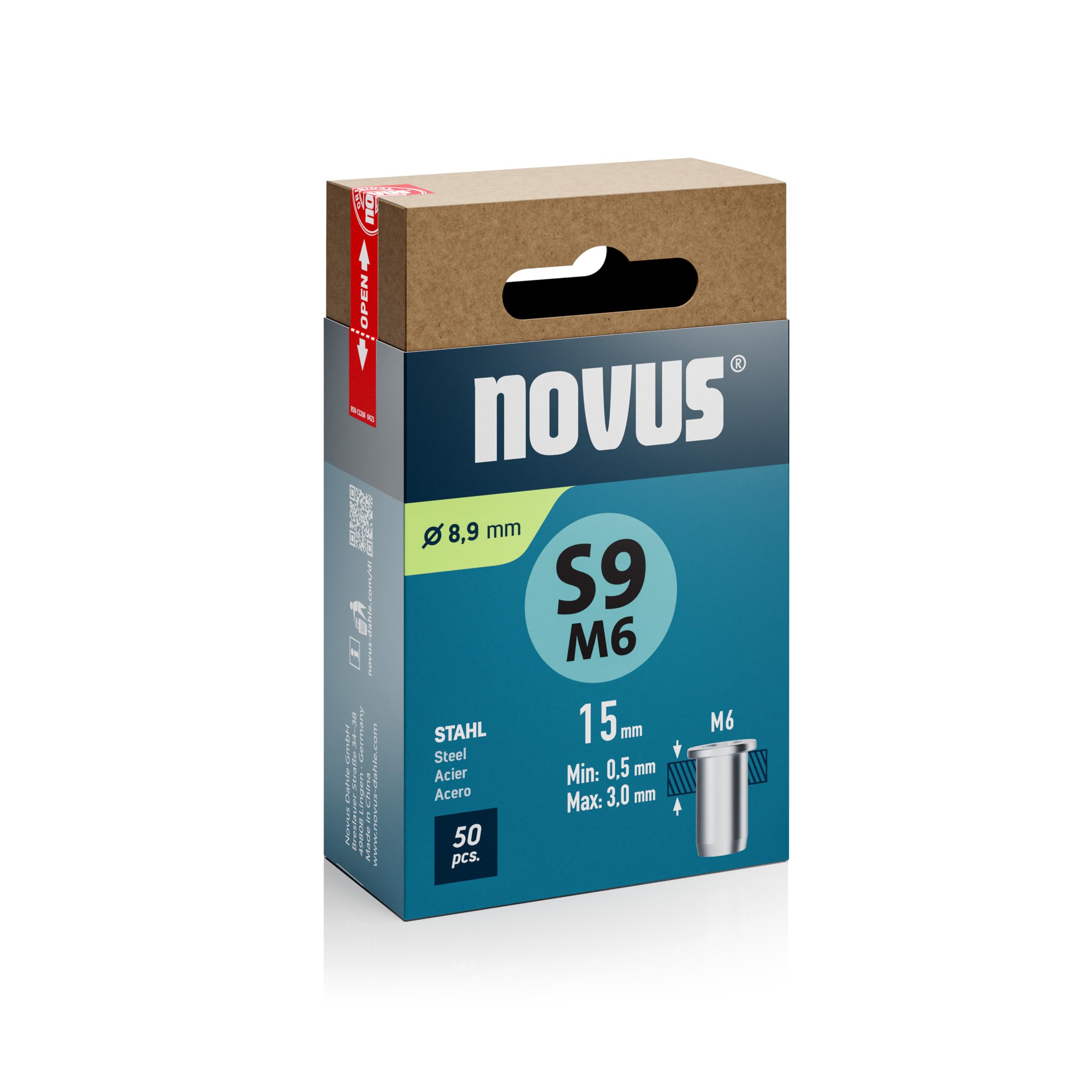 NOVUS TOOLS Stahl-Blindnietmuttern Ø 8,9 mm, M6 Gewinde, 15 mm Länge, 50 Nietmuttern, 0,5-3,0 mm Klemmlänge, ideal für Befestigungen in Stahlblechen und hochbelastbare Gewindeverbindungen