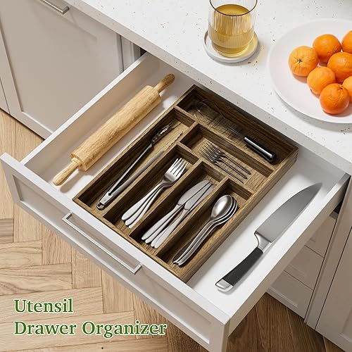 Miniatura 3 de Organizador de cajones de madera de acacia, organizador de cajones de cubiertos de cocina con divisores, organizador de cubiertos, soporte para