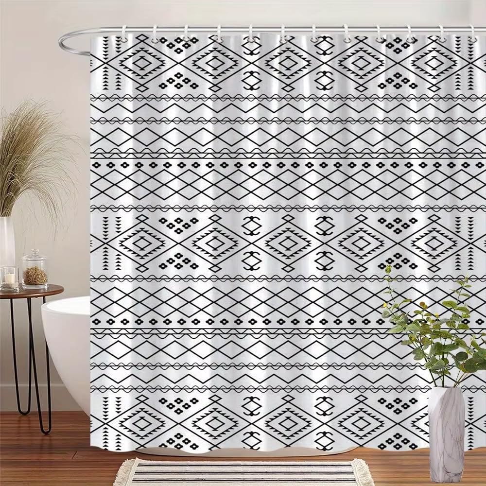 KELAIMI Black White Bohemian Geometric Shower Curtains,Ethnic Simple Aesthetic Polyester Bathroom Curtain - Waterproof Fabric Bathtub Curtain with Hooks White 90X180Cm