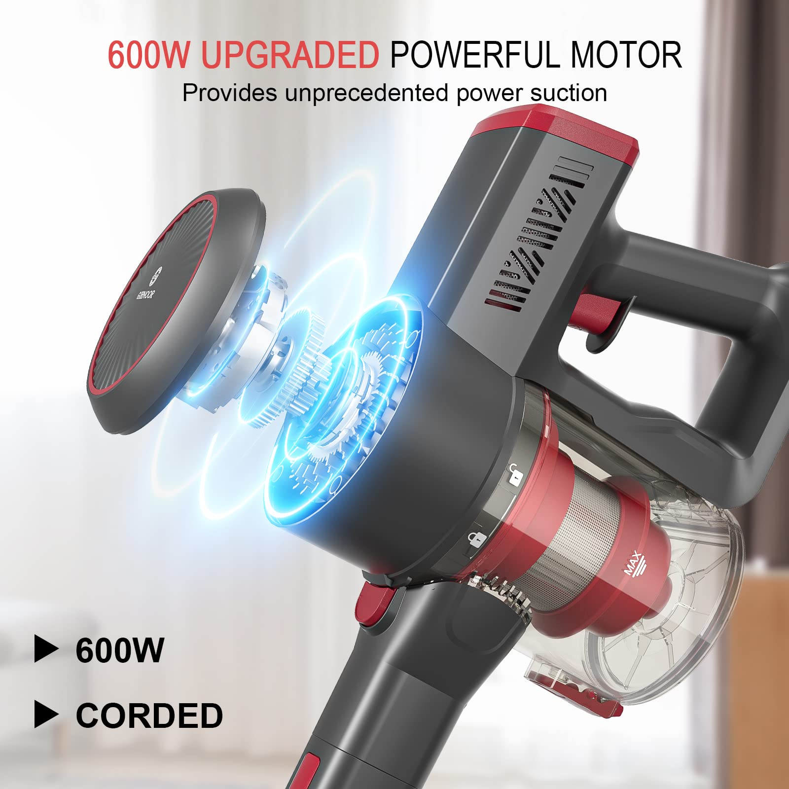 Girnoor Vacuum Cleaner, 600W Powerful 20KPA Suction Stick Vacuum Cleaner with LED Floor Head, Self-Standing &Multi-Tool, Lightweight Handheld Vacuum for Hardwood G160 Black