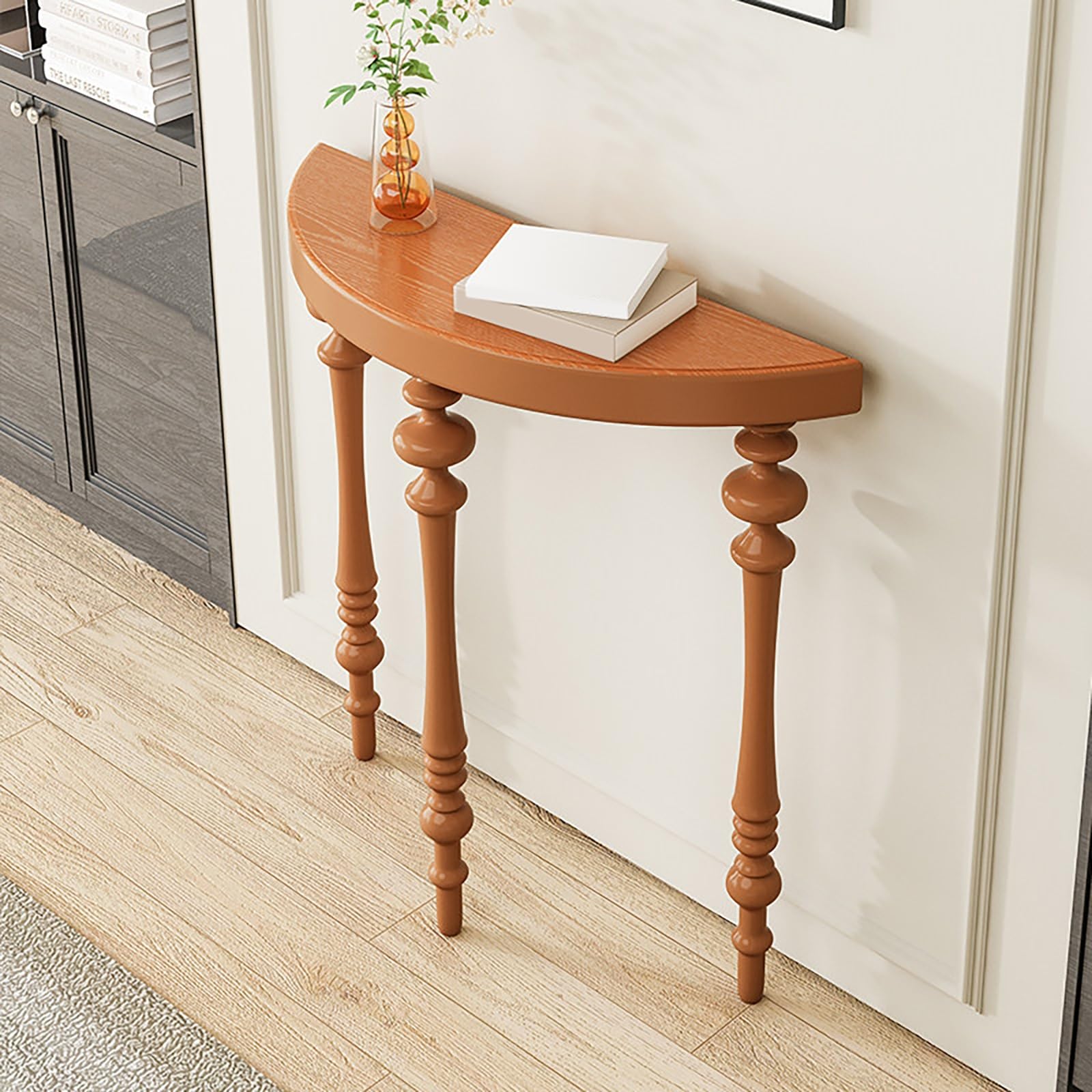 Mesa consola semicircular con patas esféricas y madera para ahorrar espacio