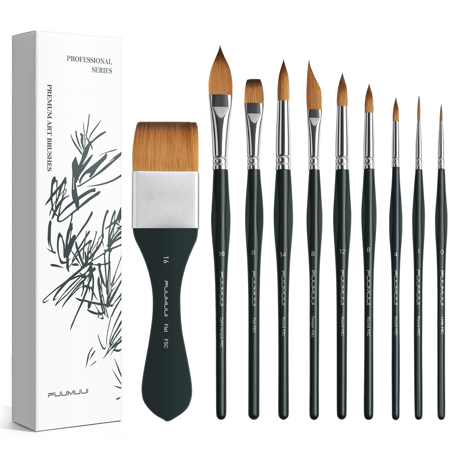 Fuumuui 10PCS Professional Watercolour Brushes, Synthetic Kolinsky Sable Hair Brush Set with Ergonomic Triangular Handle Round, Flat, Cat's Tongue, Dagger for Watercolor Acrylic Gouache Inks Painting