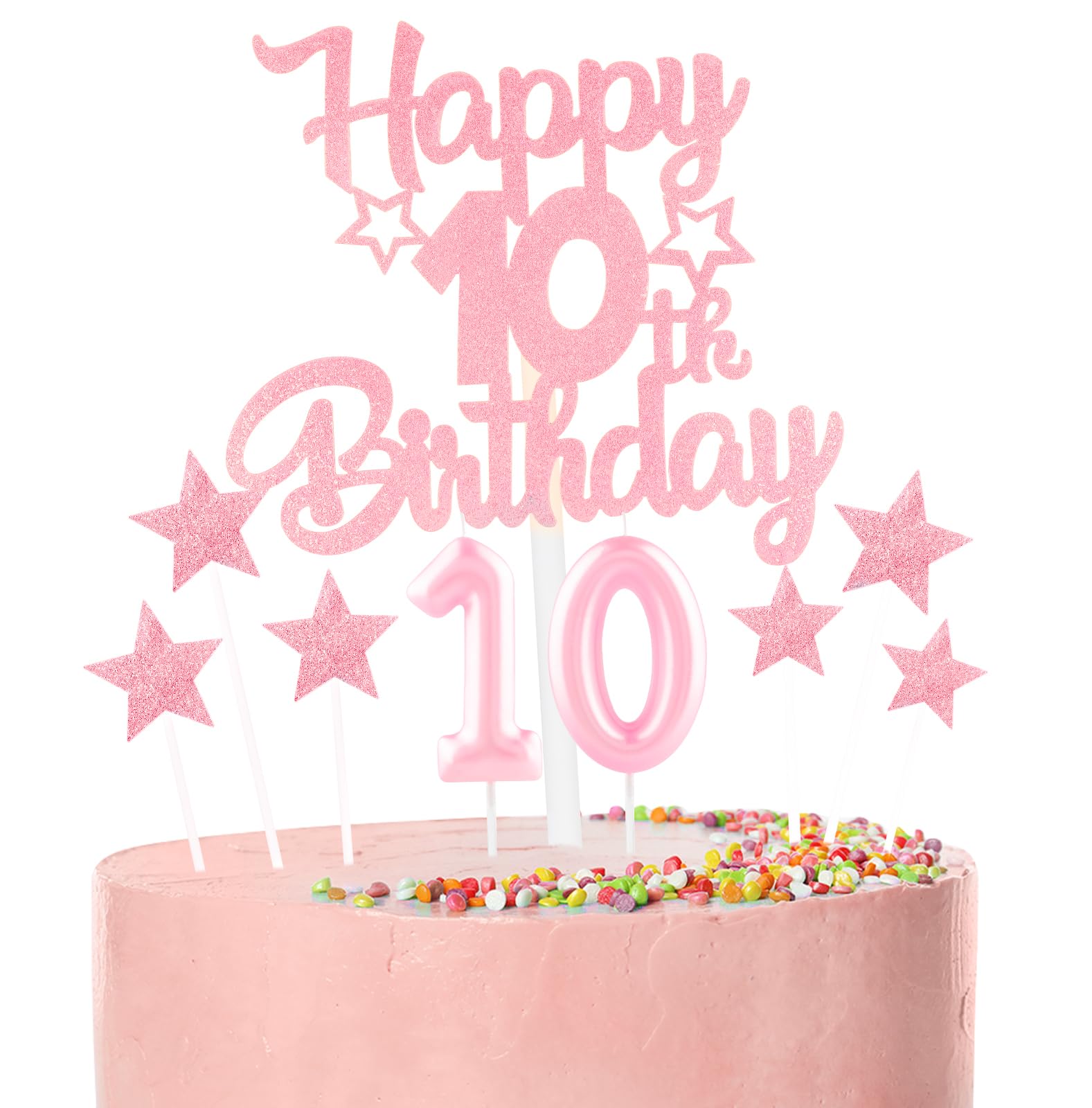 Pink Happy 10th Birthday Candles Cake Topper Set,Glitter Number 10 Birthday Candles with Pink 10th Birthday Cake Toppers Star Cupcake Toppers for Girls Anniversary Decorations โ image 1