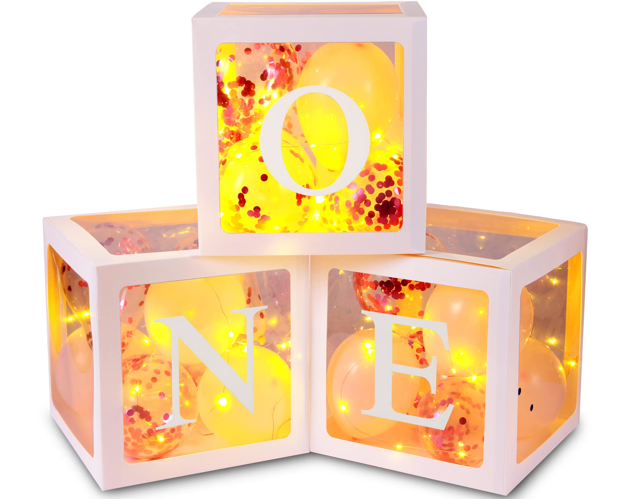 First Birthday Balloon Boxes, O""N""E" Letter Balloon Boxes with 3 * 20 LEDS Lights String and 32 Balloons for Baby Girl 1st Birthday Party, Pink Birthday Party Photo Shoot Prop Decoration