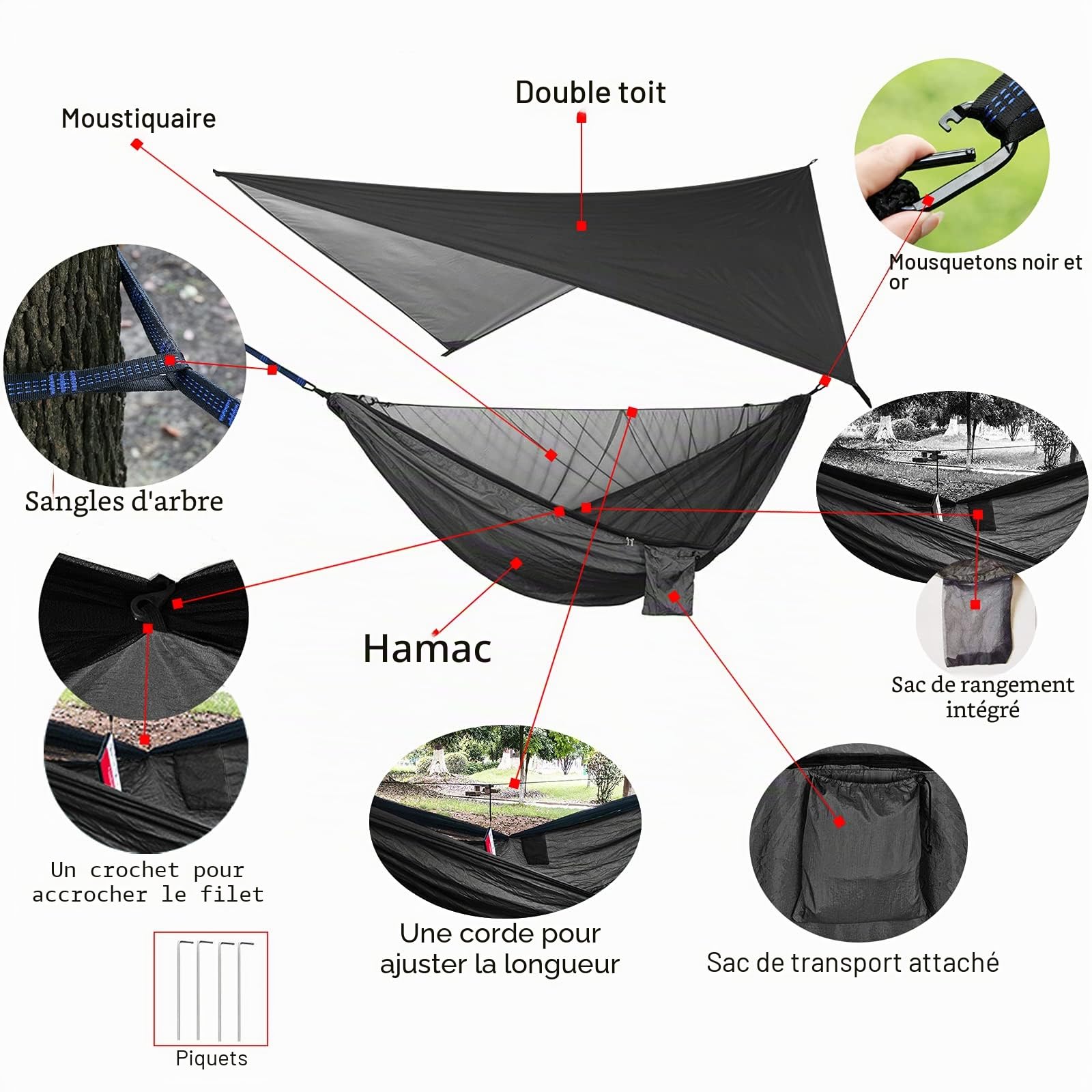Ensemble de hamac de Camping Portable, hamac Double Simple, moustiquaire, Tente Pare-Pluie, lit Suspendu en Tissu Parachute Haute résistance. Convient pour l'extérieur, la randonnée, Le Camping