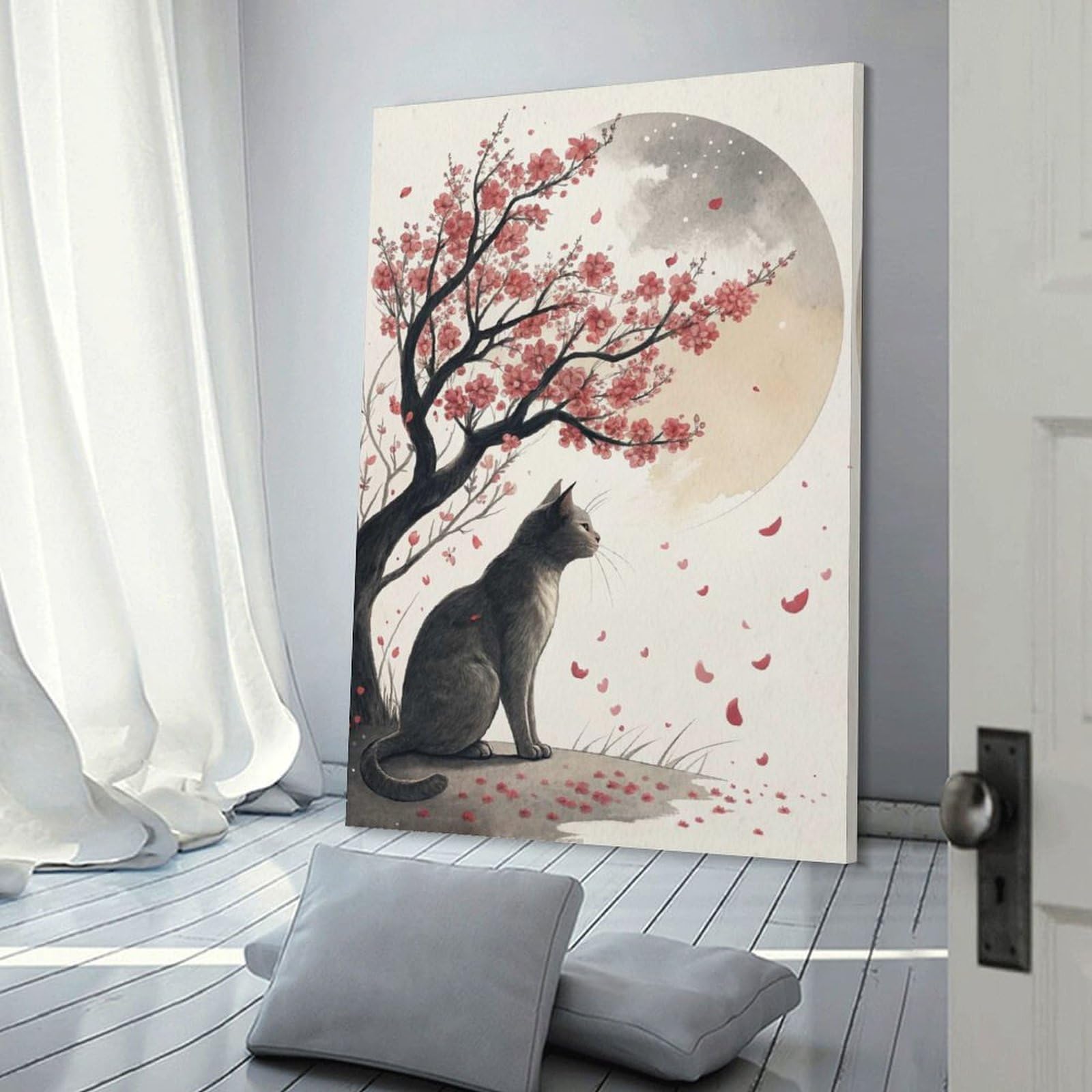 Junmoney Cat Under Cherry Blossoms Wall Picture Print 24x36inch(60x90cm), for Home Office, Desk Area Or Studio, Home Office Artwork with Decorative Appeal