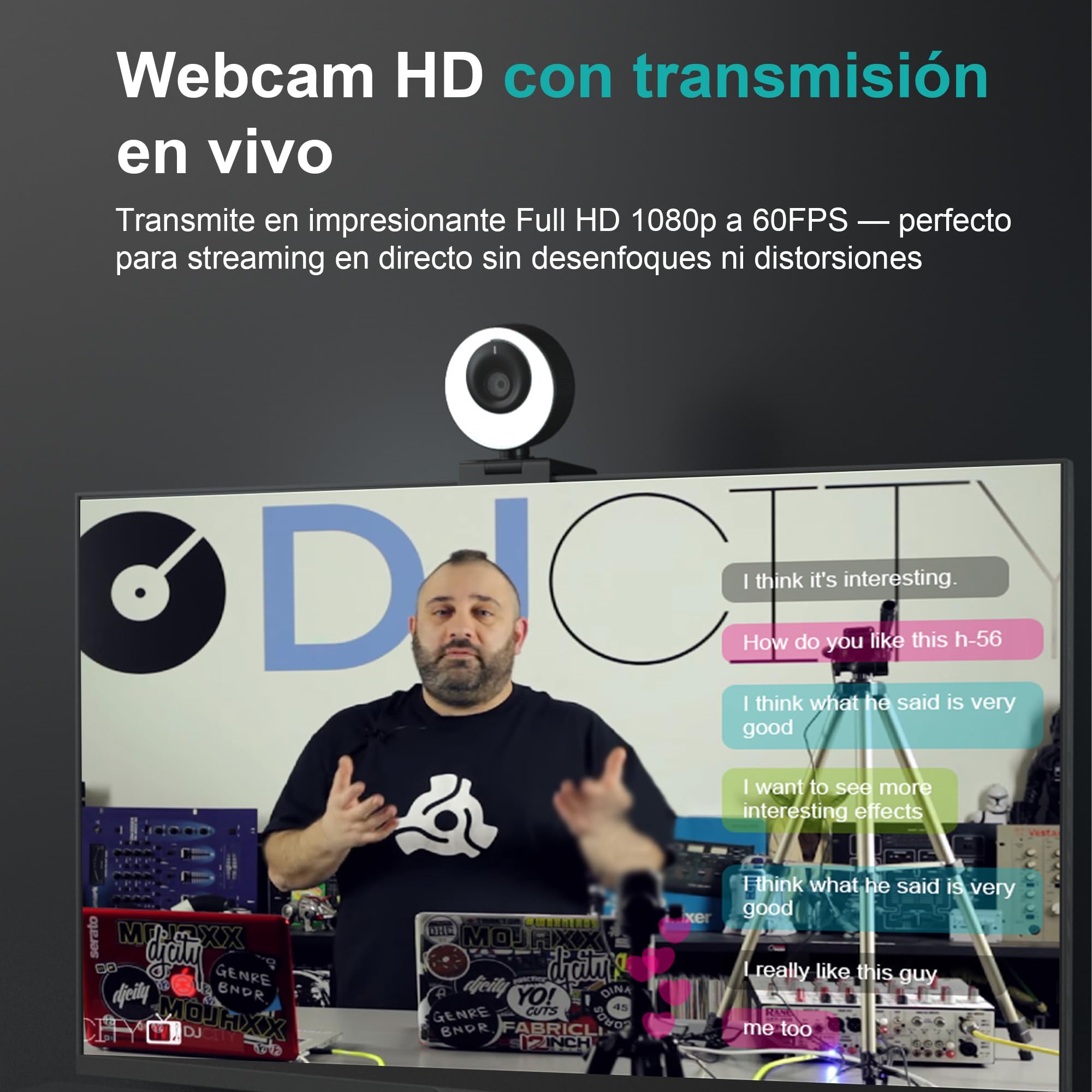 Webcam 1080P 60FPS con Micrófono, Aro de Luz, Enfoque Automático, 3 Modos de iluminación con Regulación Continua de Brillo para Videoconferencias en PC, Mac, Portátil y Tablet