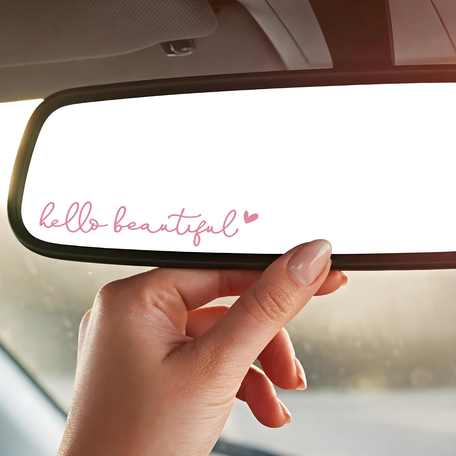 3X Hello Beautiful Car Mirror Decal, Affirmation Sticker, Rearview Mirror Sticker, Tumbler Sticker, Water Bottle Stickers, Vinyl Tumbler Decal, New Car Decor, 4 inches (Holographic, White, Pink) image 2