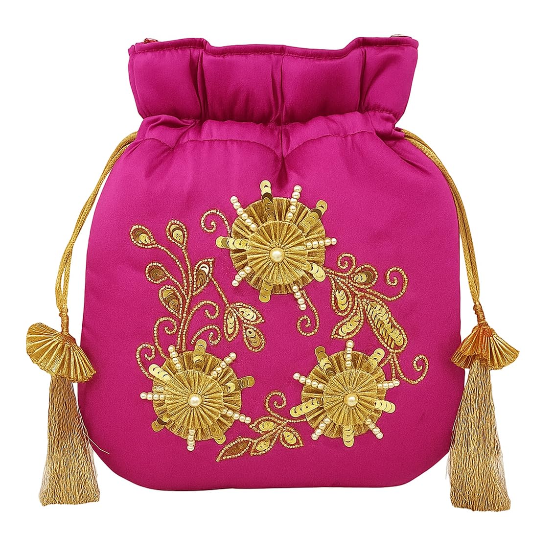 Silk Potli Bag for Women with Intricate Hand Embroidery & Pearl Detailing – Ideal Potli Purse for Wedding, Ethnic Looks, Return Gifts & Festive Functions – Lightweight Batua Style (Magenta)