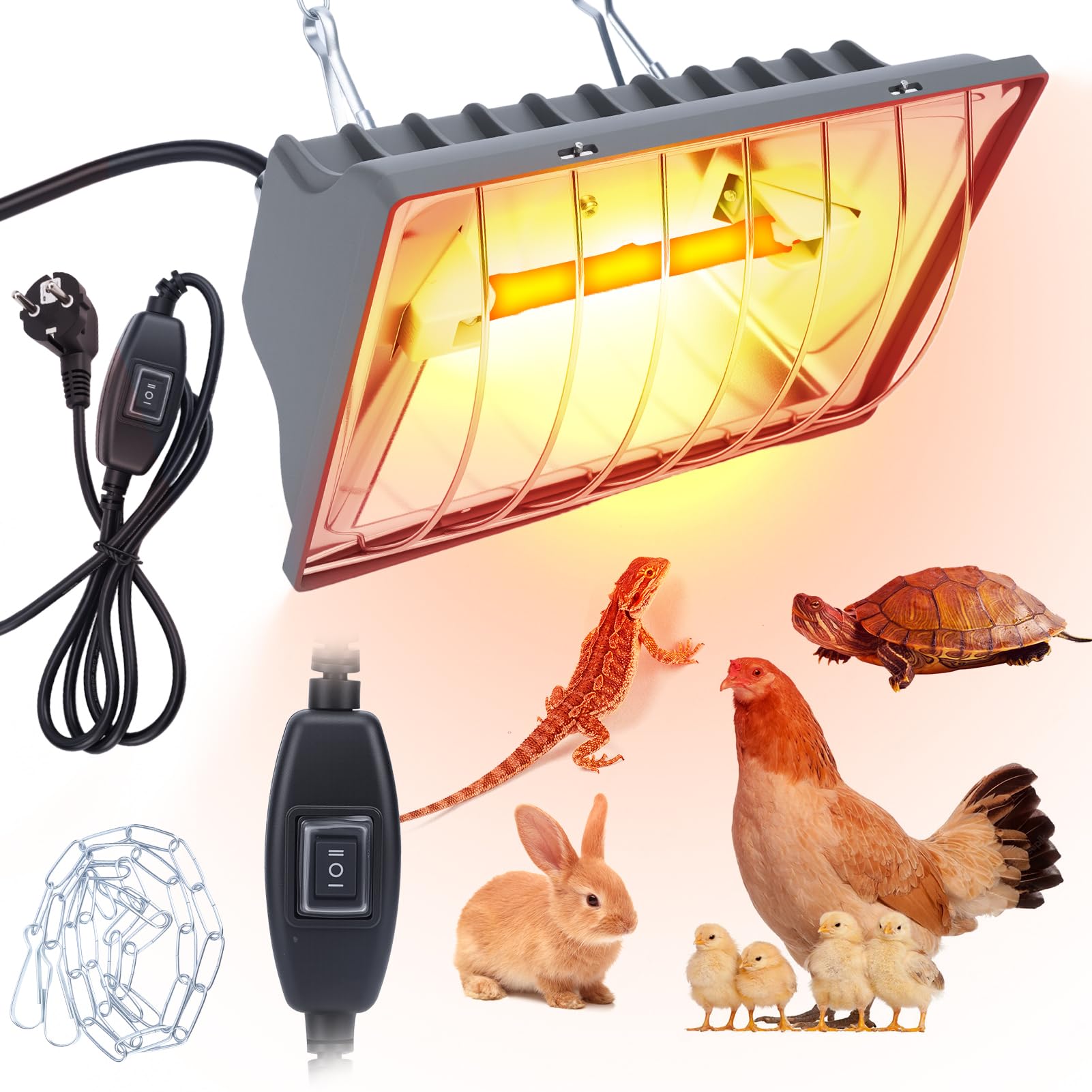 Wärmelampe für Hühnerstall, Küken & Tiere – Infrarot-Heizlampe mit Thermostat, Wasserdichtem Aluminiumgehäuse, Verstellbarer Kette (1m ) für Geflügel, Reptilien & Terrarien