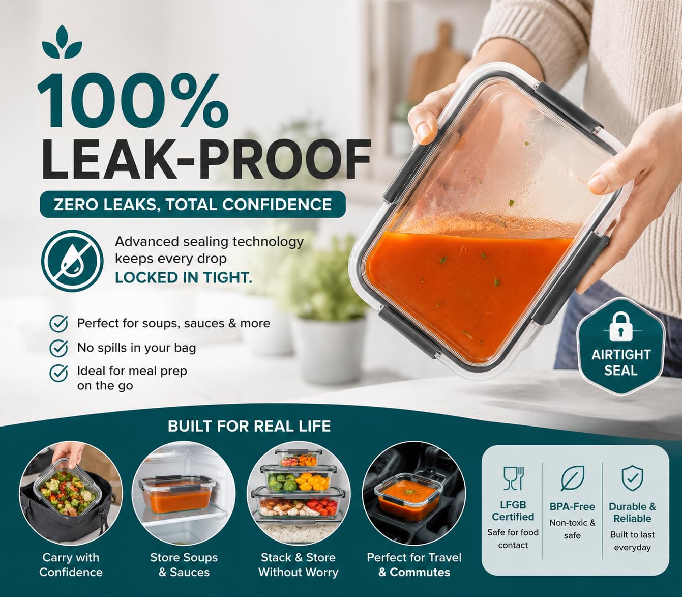 Contenitori per alimenti in vetro con coperchi ermetici, set da 10 pezzi, a prova di perdite, senza BPA, adatti per forno, microonde, congelatore, contenitori impilabili da cucina per avanzi e cottura