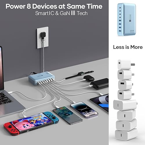 Miniatura 6 de Estaciones de carga múltiple de 8 puertos de 200 W con enchufe plano, cable de alimentación trenzado e interruptor de encendidoapagado, concentrador