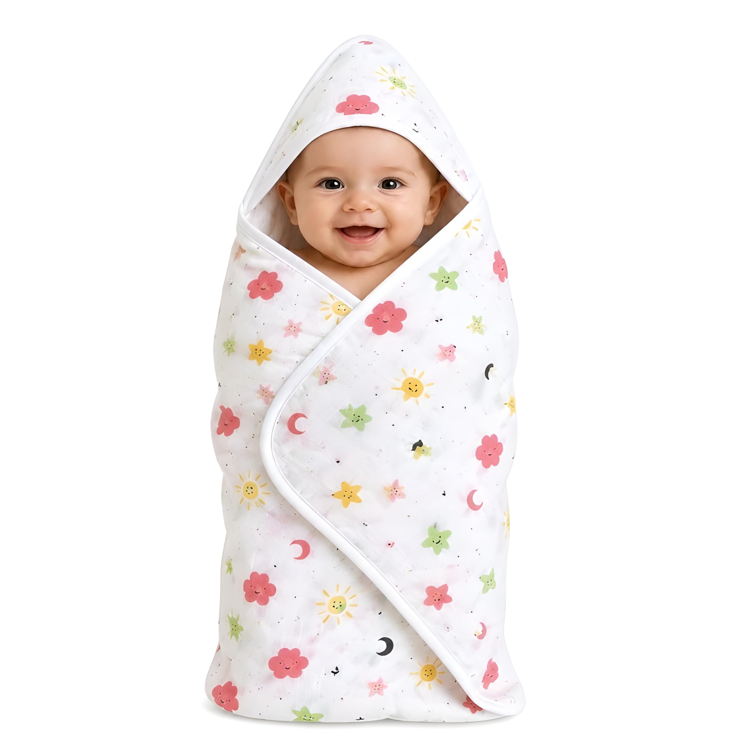 SAMSPIRE Baby Hooded Wrapper for Newborn, 100% Muslin Cotton Hooded Towel & Blanket, 70×70 cm, 4 Ply, Ultra Soft & Absorbent Bath Towel for Infants & Toddler, Pack of 1 (MHT-Sunny Sky)-image-48