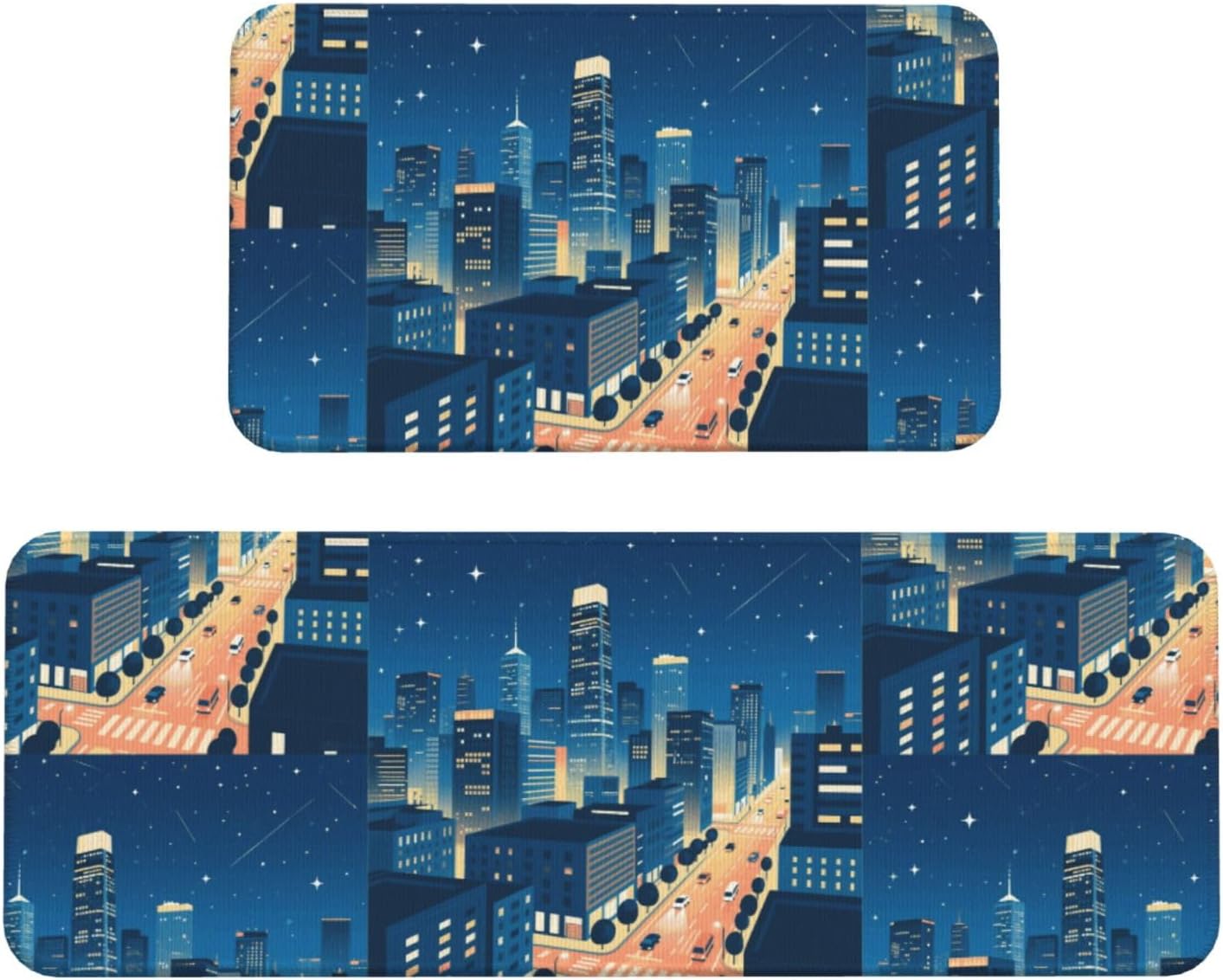 City Night Kitchen Rugs Set of 2, Cushioned Anti-Fatigue Kitchen Mats for Floor, Waterproof Comfort Standing Mat Absorbent Velvet Kitchen Runner Rugs 17"x30"+17"x47"