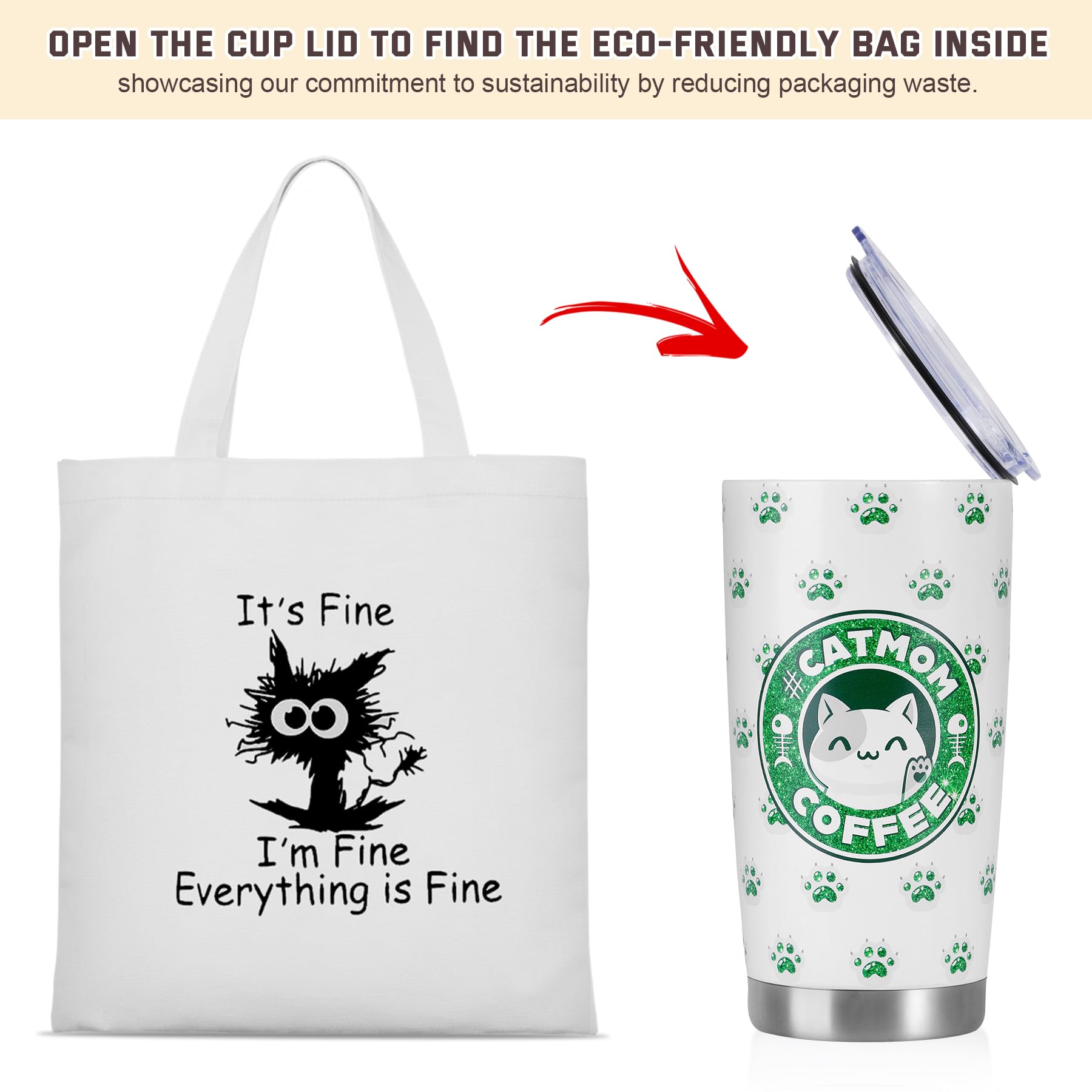 Regalos para mamá de gato para mujer, vaso de café de 20 onzas con temática de gato, regalos para amantes de los gatos, cumpleaños loco, regalo del día de la madre con divertida bolsa de mano de gato