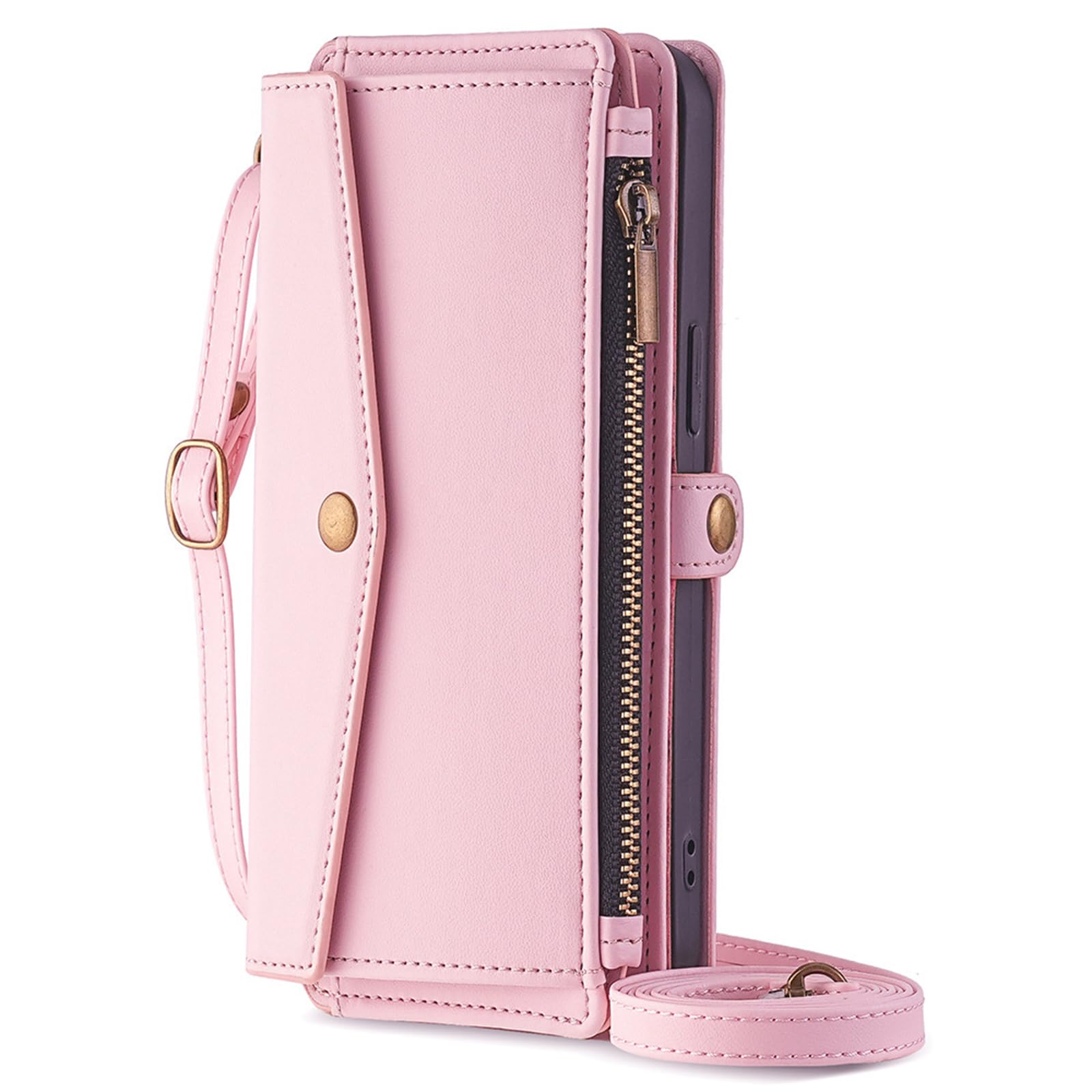 MFAOSHI Flip Case for Huawei Pura 90 Pro Max/90 Pro, Crossbody Large Space Zipper Wallet Leather Cover with Card Slots Kickstand Case,Pink,90 Pro Max