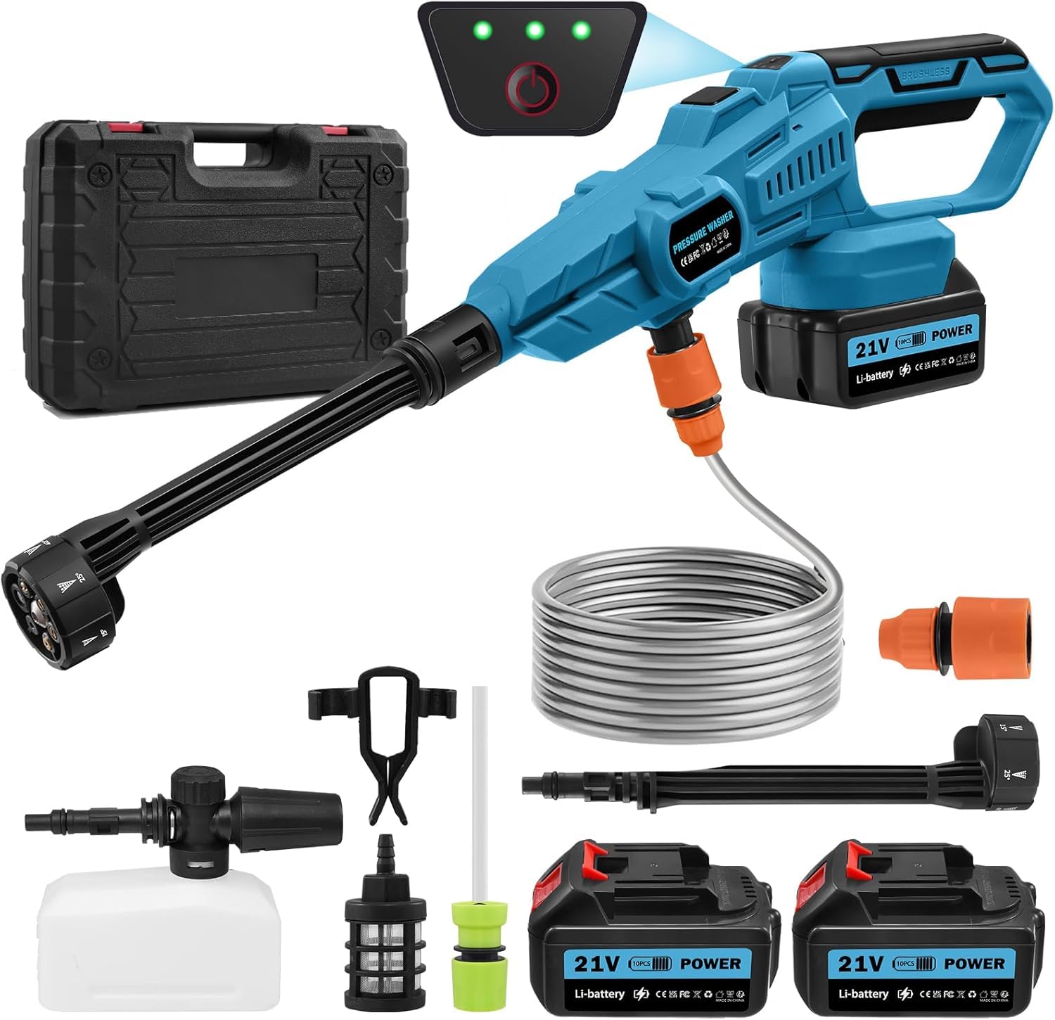 Nettoyeur Haute Pression sans Fil, 120bar 21V 3.0Ah Nettoyeur Haute Pression sur Batterie avec 6 en 1 Buse, 5M Nettoyeur Haute Pression Portable pour Jardin, Voiture, Terrasse, Fenêtre