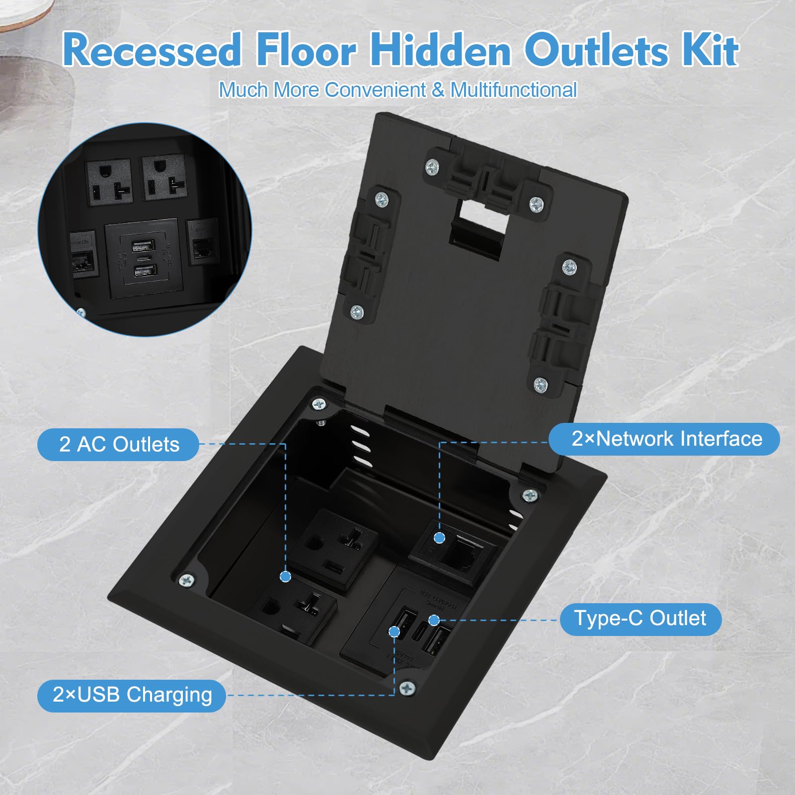 Kit de enchufe oculto plano empotrable para el suelo, panel de enchufe de suelo con 20 A, 2 CA + 2 USB + 1 tipo C + 2 LAN caja de salida de piso de carga empotrada (negro-2 USB + tipo C)