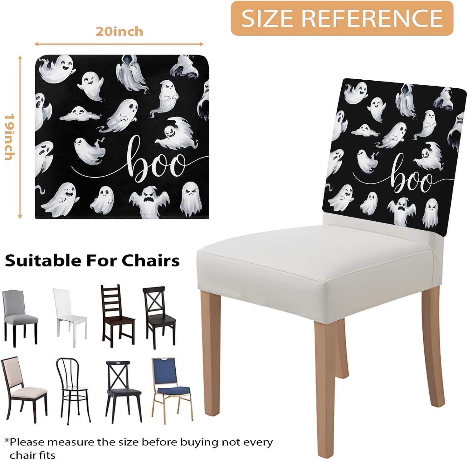 LooPoP Halloween Chair Covers Set of 4 Boo Ghost Chair Slipcover Protector Removable Stretch Chair Covers Cute Scary Spooky Chair Back Covers for Dining Chairs Kitchen Dinner Party