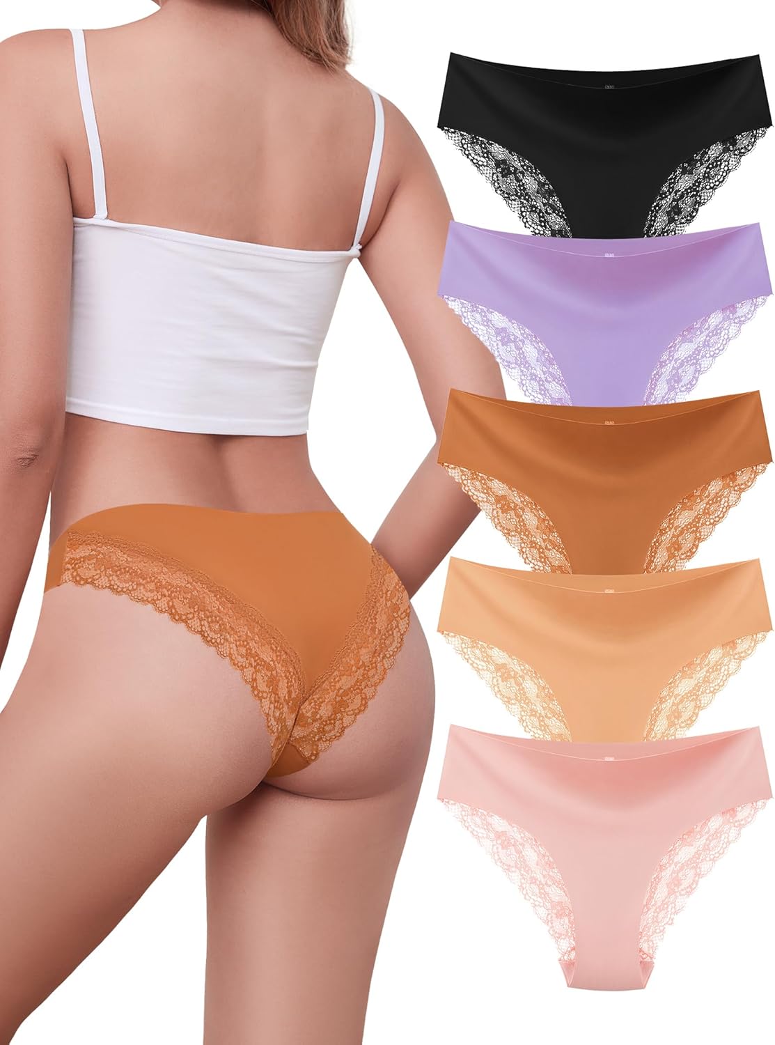 VOENXE Lace Underwear Bikini for Women,Ladies Hipster Panty,Soft Brief,Comfortable Silky Panties,Lacy Multipack Undies,5 Pack