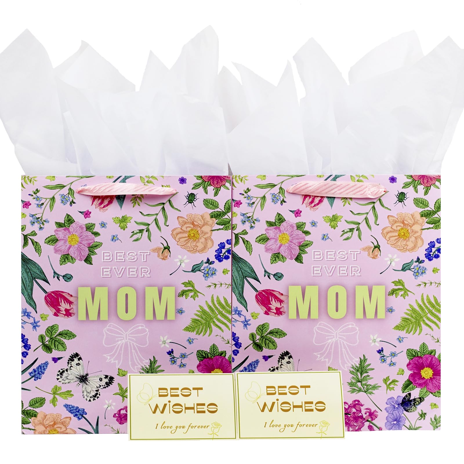 2 Pack 13" Large Mother Day Gift Bags with Handles, Pink Floral Gift Bags with Tissue Paper & Cards for Mom Grandma Women Holiday Birthday Mothers Day Gift Bags