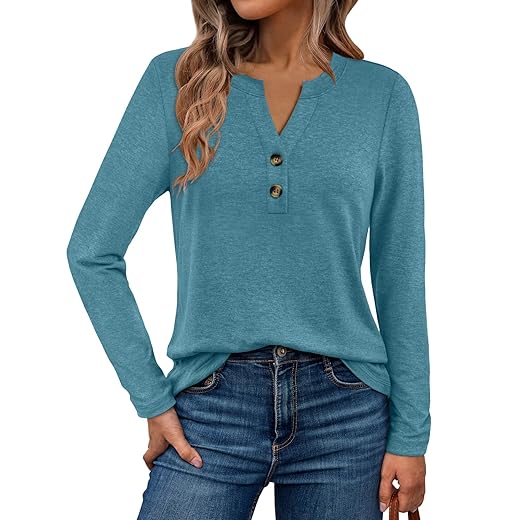 WYNNQUE Womens Long Sleeve Shirts Business Casual Outfits Dressy Tops Blouses Henley V Neck Fall Clothes