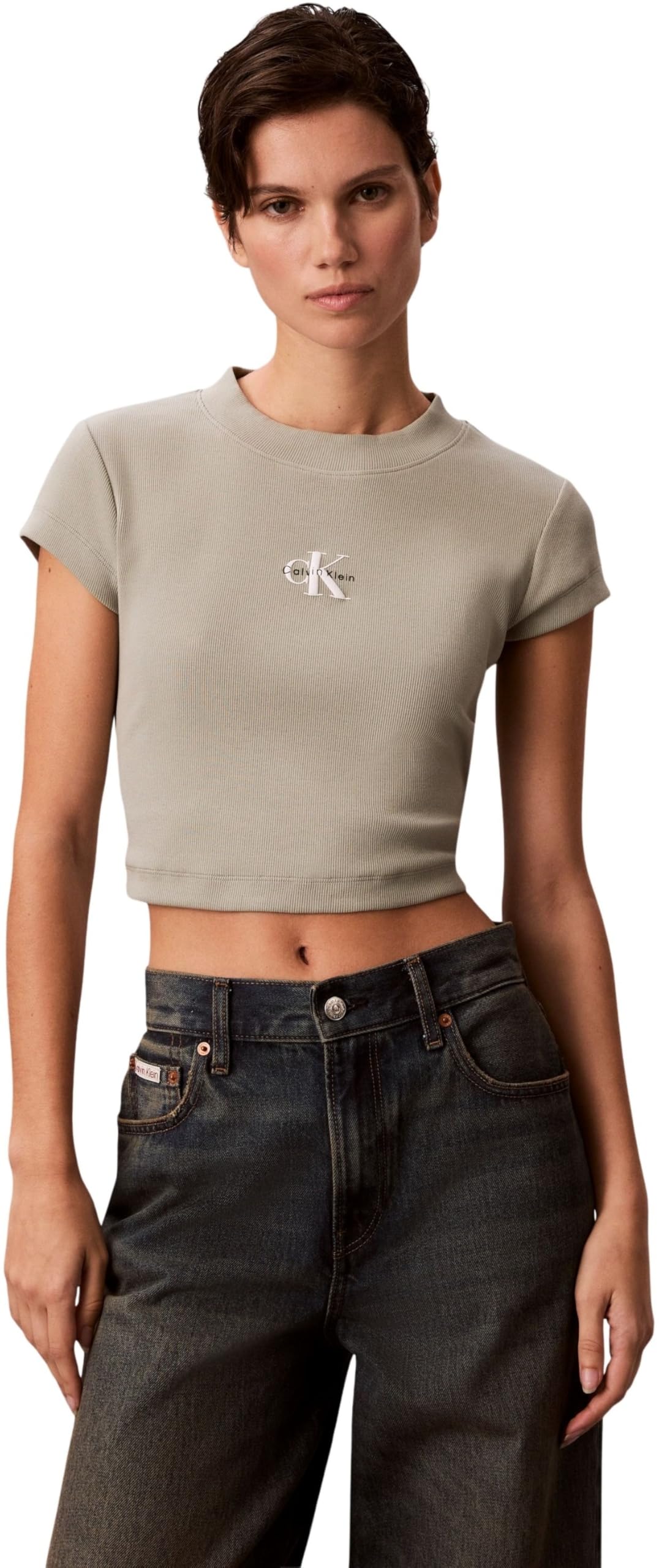 Calvin Klein Damen T-Shirt Kurzarm Monologo Baby Rib Slim Fit