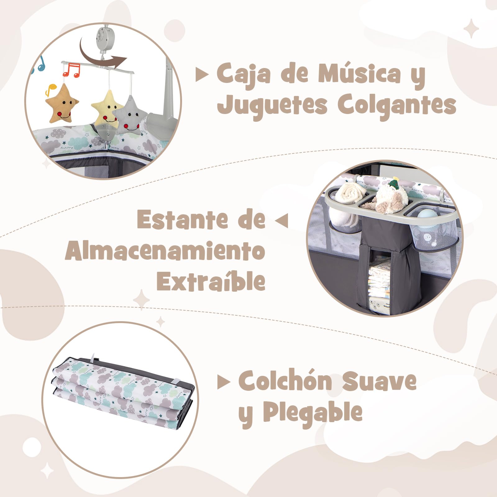 COSTWAY 5 en 1 Cuna Bebé con Ruedas Bloqueables, Cuna de Viaje con Cambiador, Juguetes Colgando, Caja de Música, Colchón y Bolsa de Transporte, Cama Infantil de 2 Niveles (Gris)