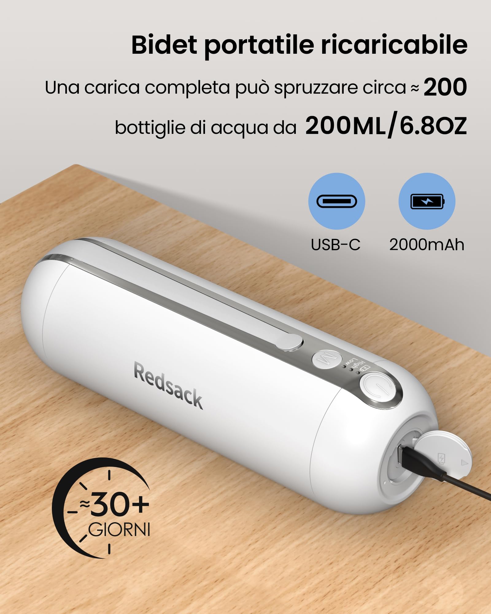 Redsack Bidet Portatile da Viaggio Elettrico, Ricaricabile USB-C Bidet 200ml, Bidet ad Alta Pressione Impermeabile IPX6 Carico Acqua Senza Smontaggio per Camper/L'igiene Intima/Postnatale Lenitiva