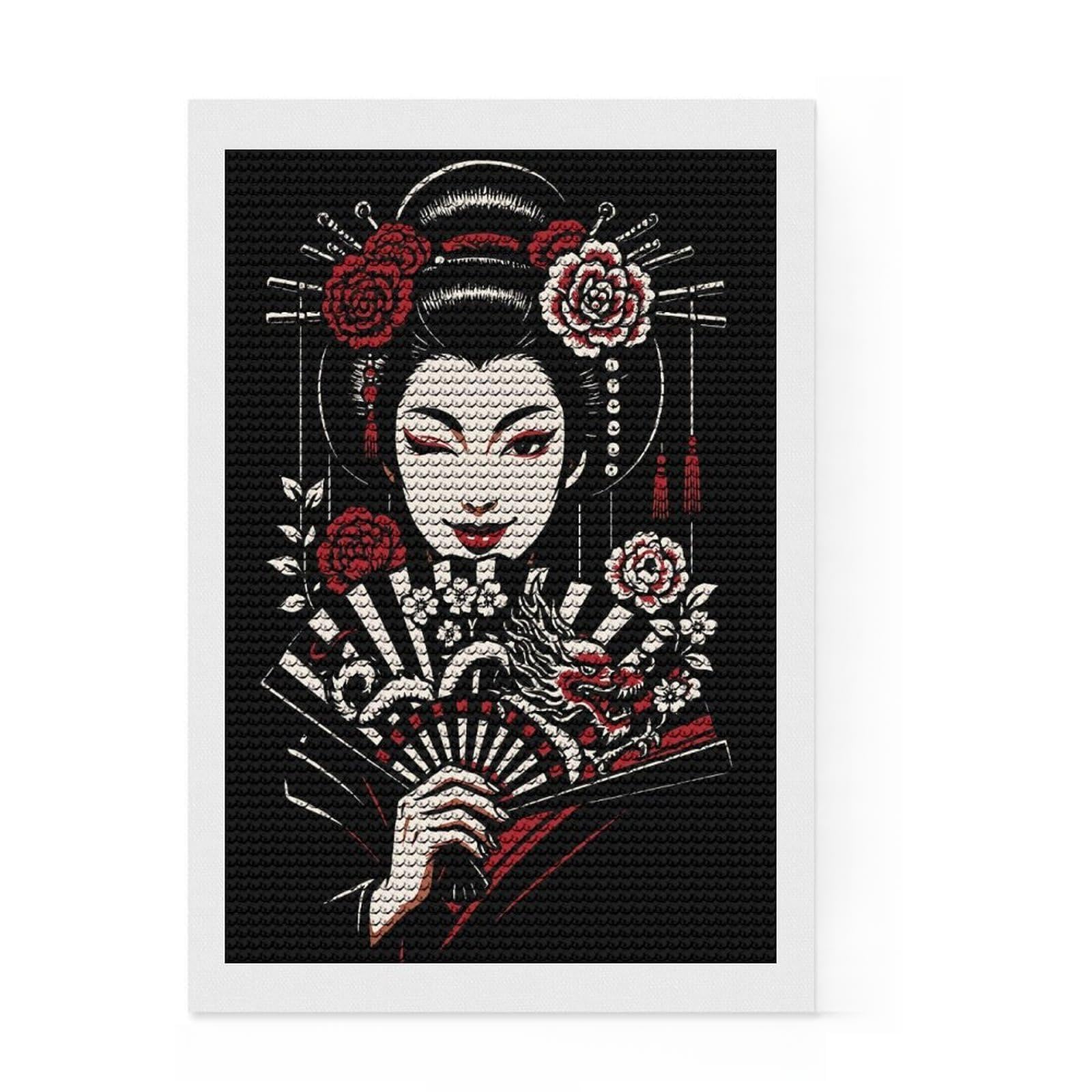 Junmoney Winking Geisha with Dragon Fan DIY Diamond Art Canvas Kit 8"x12", Mindful Craft Activity, Calming Craft to Unwind, Vintage Style Decor