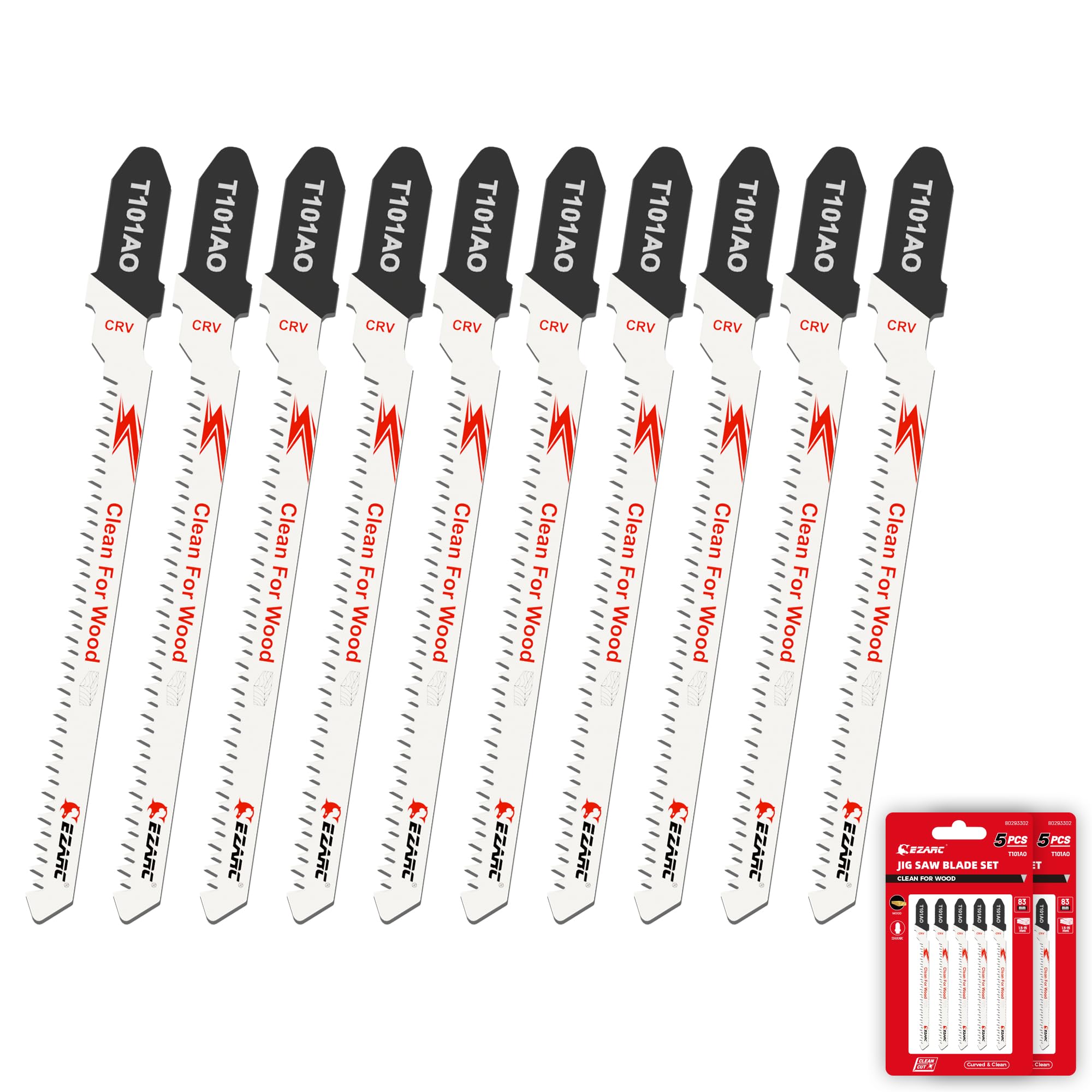 EZARC 10PCS Jigsaw Blades T101AO Jig Saw Blades Set for Wood Clean and Precision Cutting Assorted T-Shank Replacement 20 TPI Curved & Scrolling Cutting