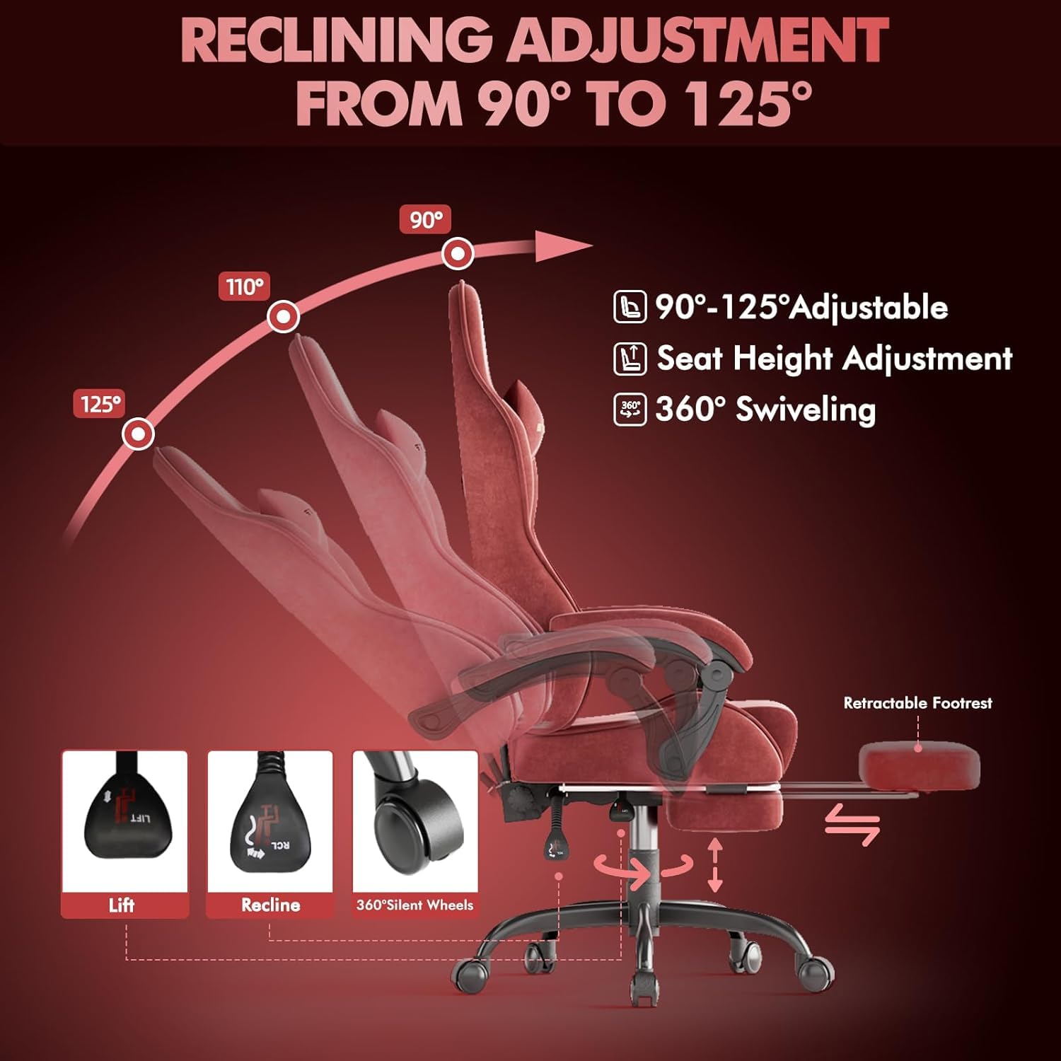 Silla Gaming Ergonómica con Masaje de Cintura,Silla Gamer Reposapiés y Reposacabezas Retráctil,Silla Oficina Material de Terciopelo cómodo,Rojo