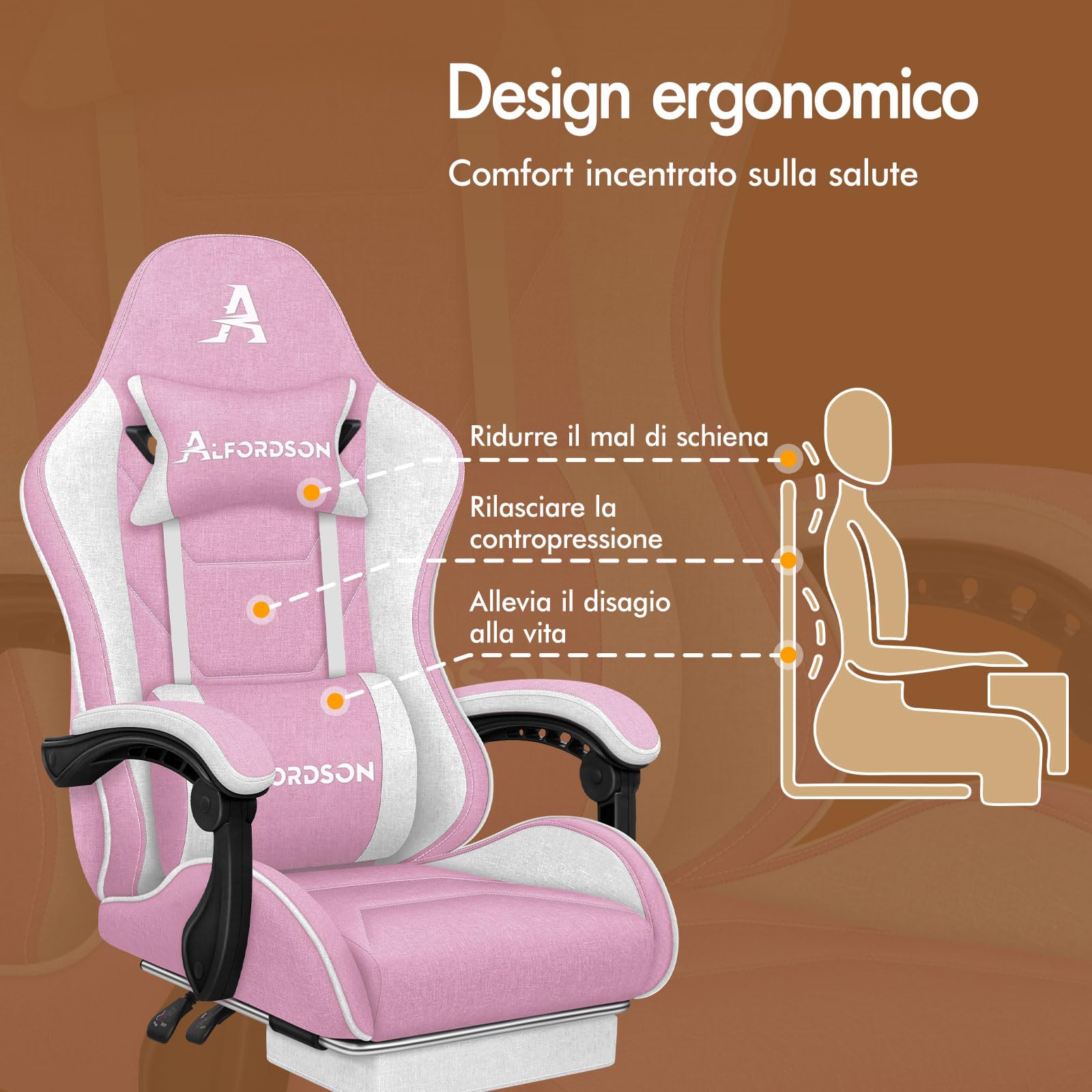 ALFORDSON Sedia Gaming Massaggiante con Poggiapiedi da Case Bianca e rosa | Poltrona Gamer in Tessuto Serie THOR, Schienale regolabile, con supporto lombare e poggiatesta, portata 180 kg