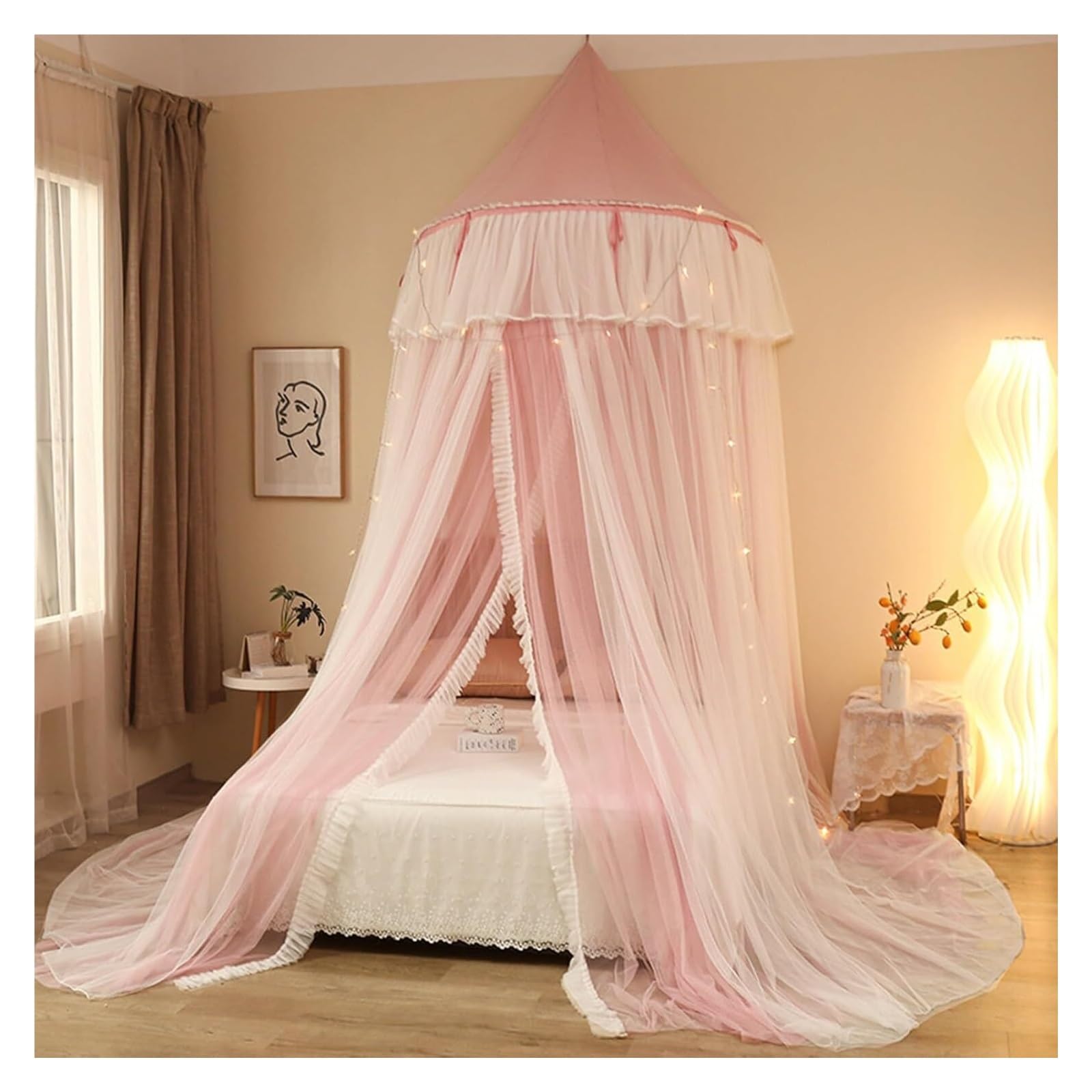 Baldaquin Rond Lit Double Couche Dentelle Moustiquaire Dôme Lumineuse Rose