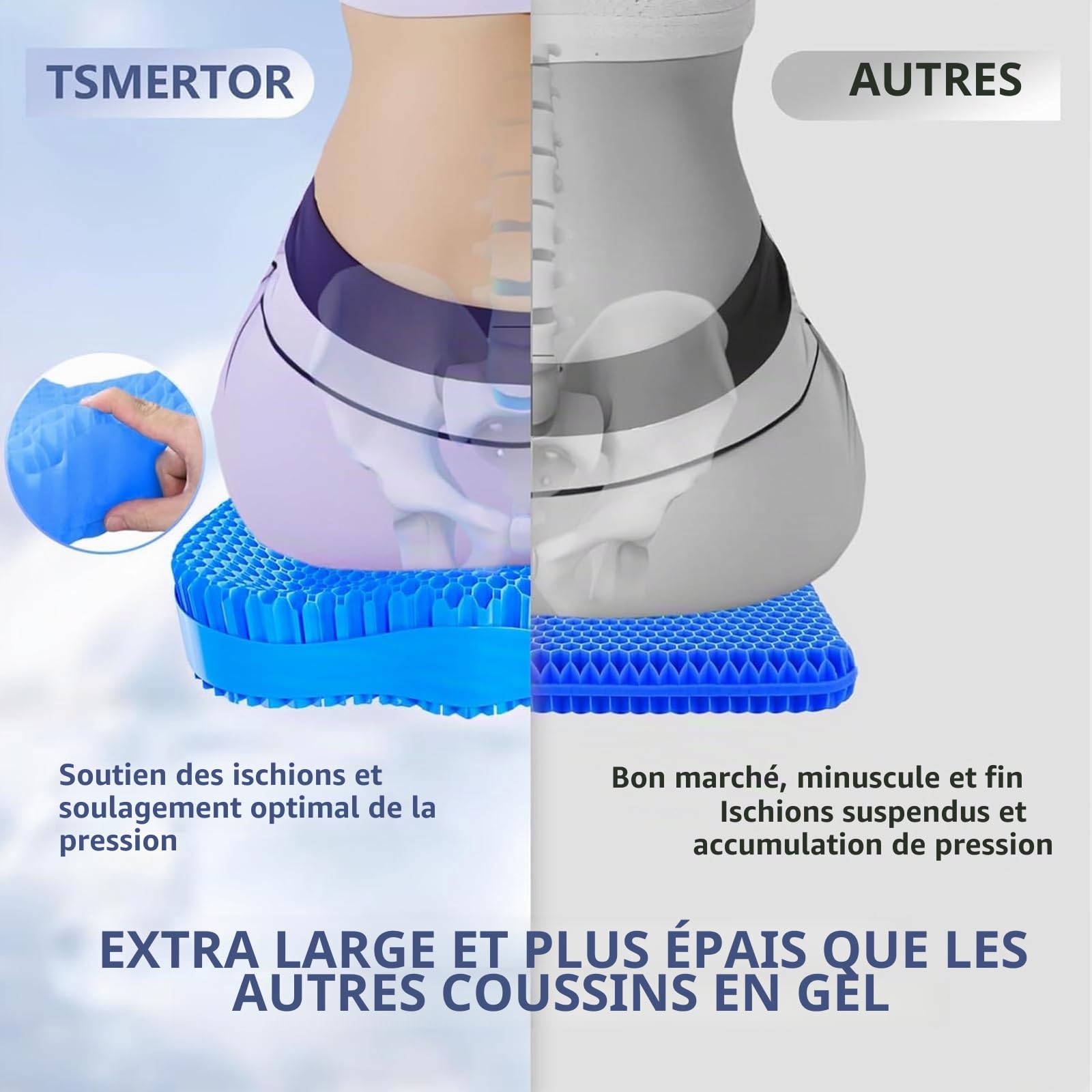 Coussin de siège en gel rafraîchissant extra épais pour une longue assise