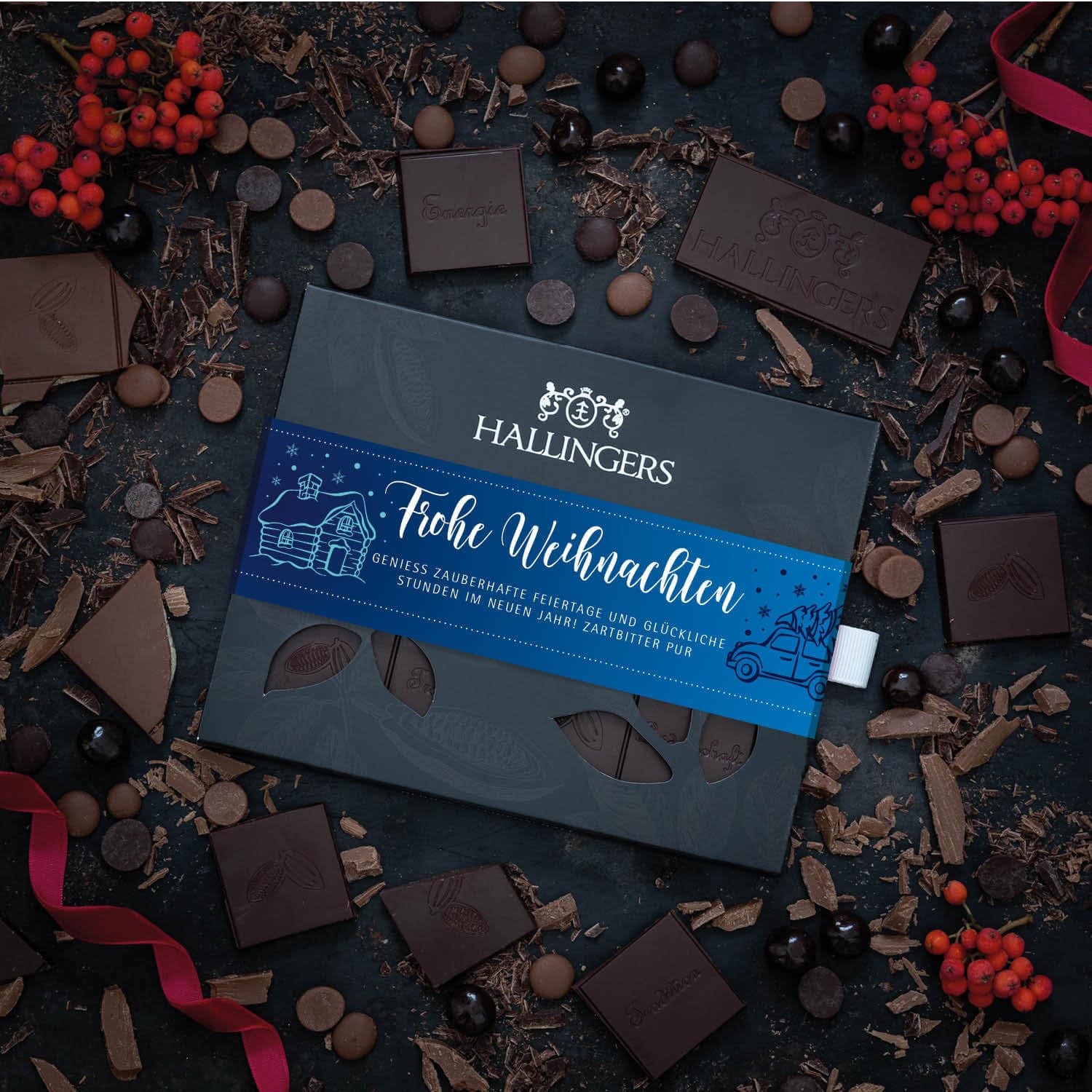 Hallingers Genuss Manufaktur Vegane Schokolade Weihnachts-Geschenk - Tafel handgeschöpfter Edelkakao ohne Alkohol edler Karton 10x "Frohe Weihnachten" Pur 85%, Weihnachten für Frauen Männer