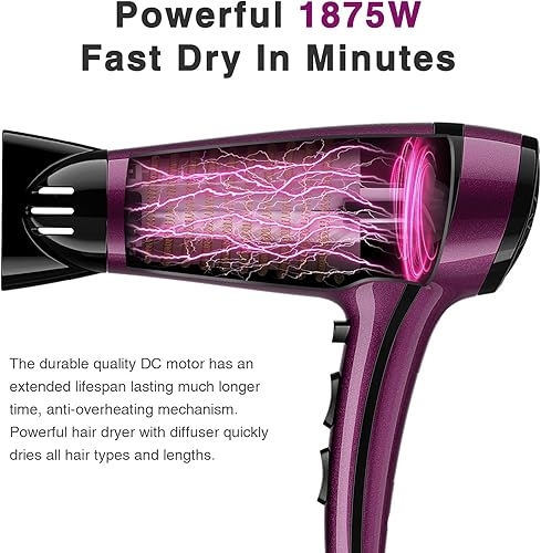 Miniatura 3 de CONFU - Secador de pelo de 1875 W de secado rápido iónico de bajo ruido con 2 velocidades 3 de ajuste de calor frío, boquilla difusora, bolsa de