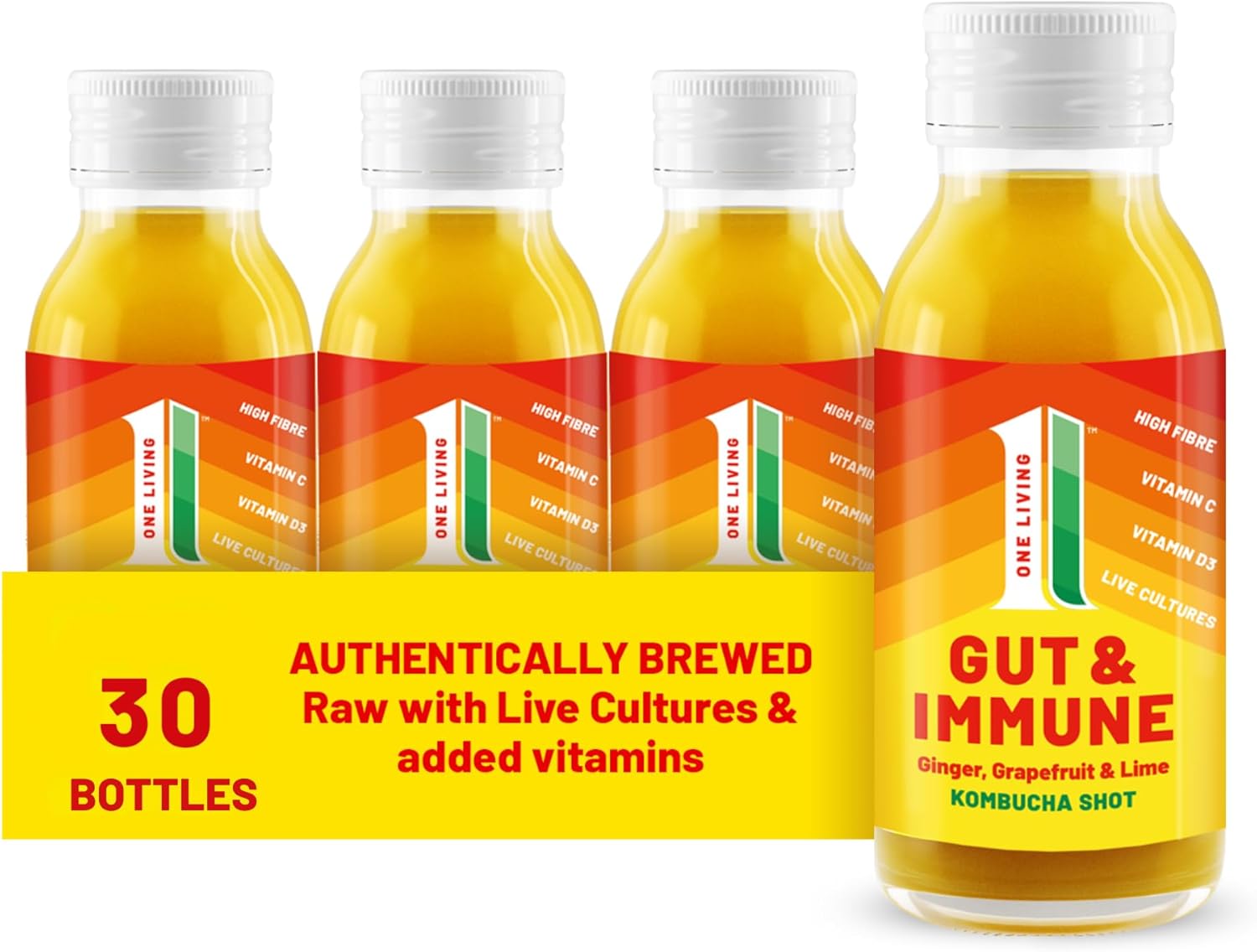One Living Kombucha Drink Health Shots – Ginger, Grapefruit & Lime – 30 x 60ml Bottles – High Fibre, Live Cultures, Low Sugar, 100% Natural, Vegan – Supporting Gut & Immune Health