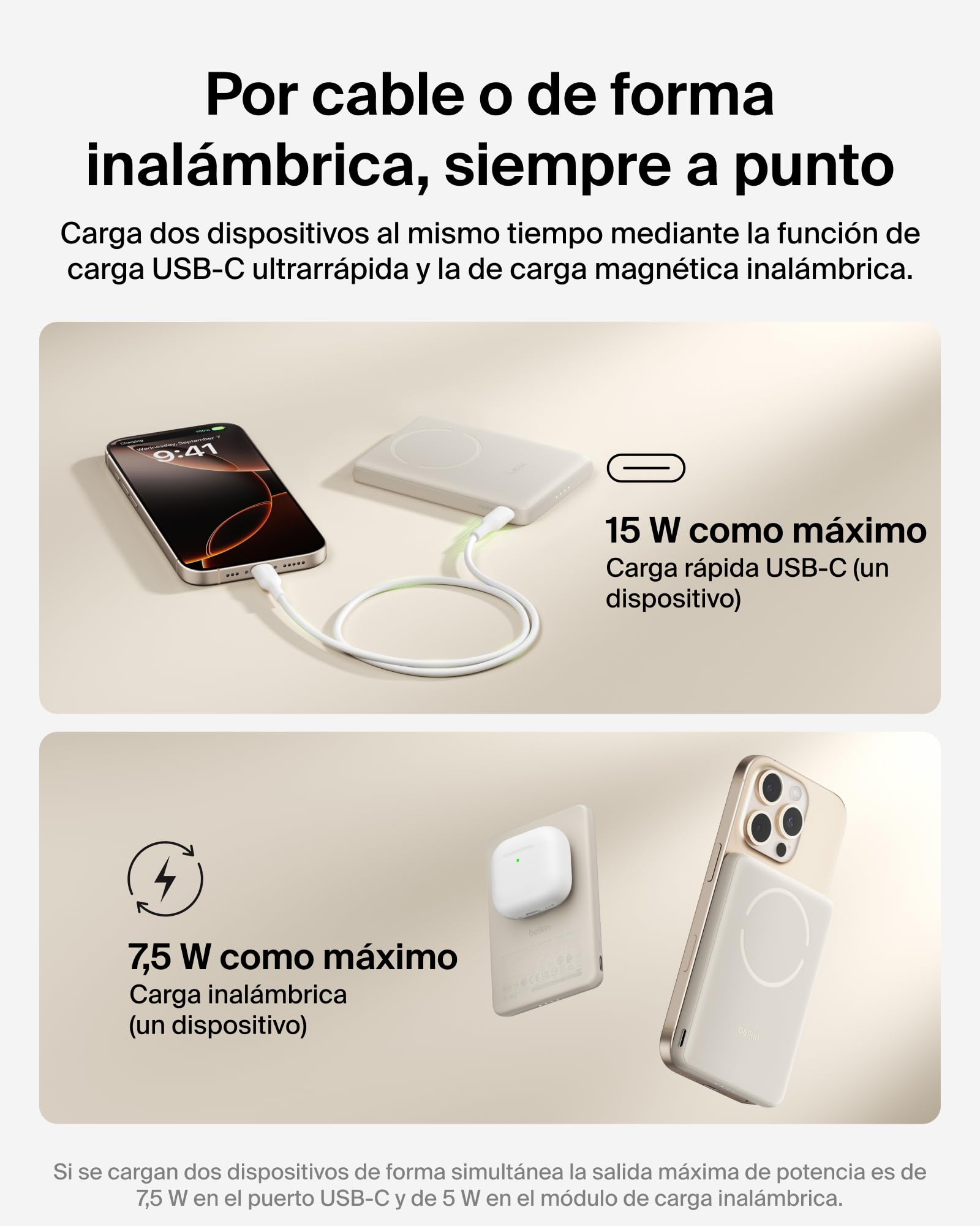 Belkin BoostCharge Batería Externa 5000 mAh con Anillo Magnético - Arena | Power Bank de 5000 mAh, Anillo Magnético, 1 Puerto USB-C, Cable Incluido, Autorizada como Equipaje de Mano, Batería Portátil