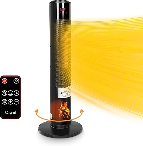 CAYNEL Calentador de cerámica y llama de torre con llama 3D y función de oscilación, 3 modos, interruptor de alerta de seguridad, control remoto y