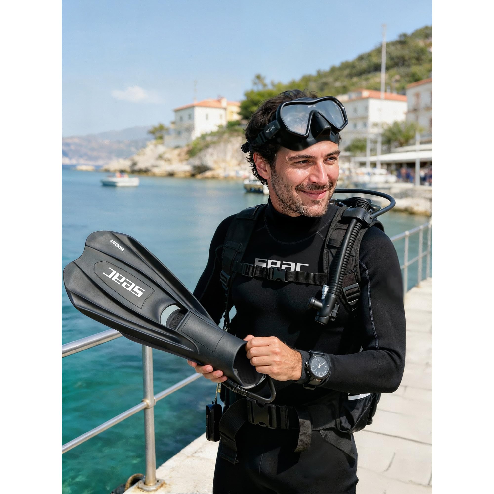 SEAC Set Bis Pura, Maschera Monolente Antifog Anti Appannamento con Fibbia 3D e boccaglio Turtle pieghevole in silicone Ipoallergenico Set per Immersioni e Snorkeling